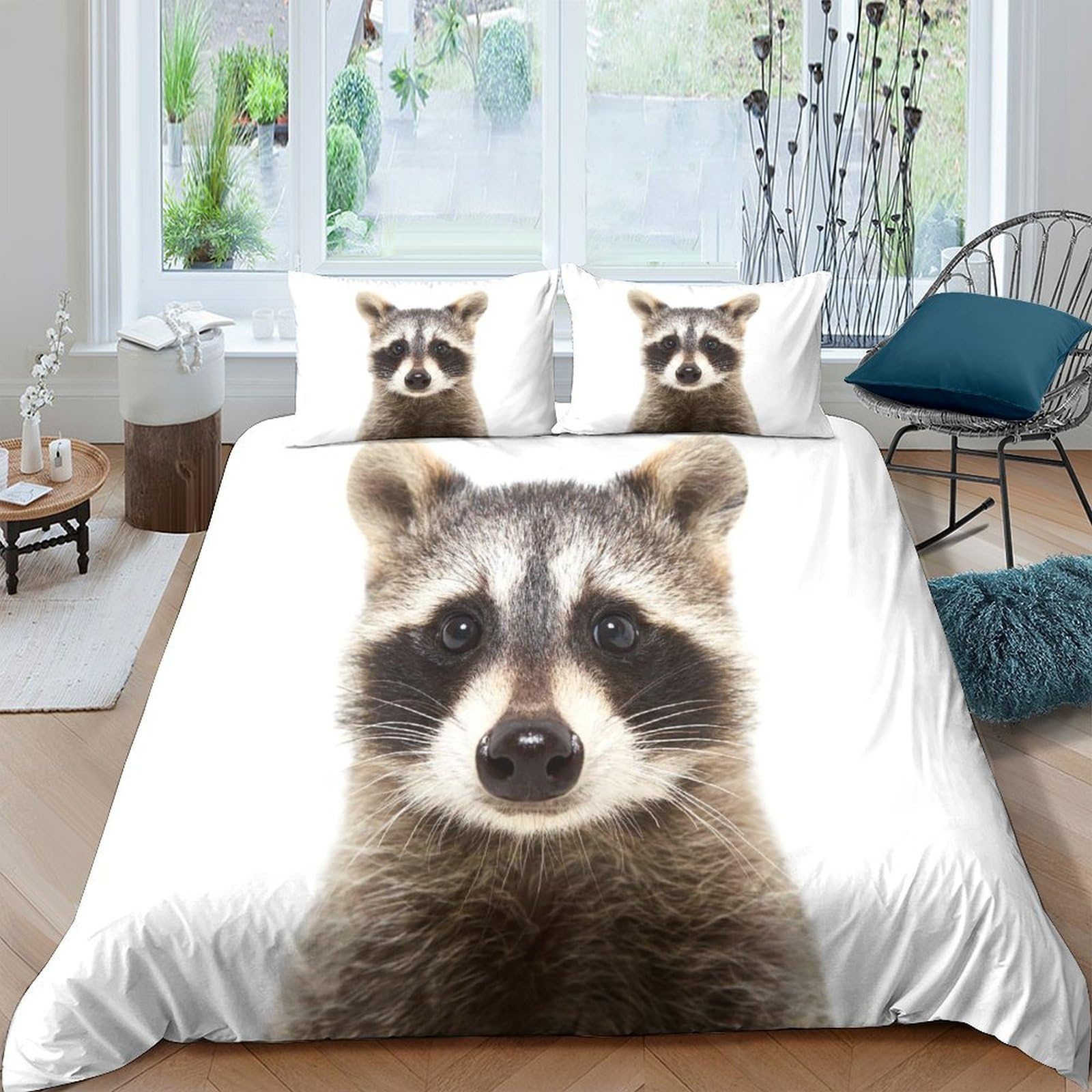TUFRTGYHN 3D Printed Raccoon Animal Duvet Cover Microfiber Soft Breathable Forest Wildlife Bedding Set with 2 Pillowcases for Bedroom Decor, Single（135x200cm）