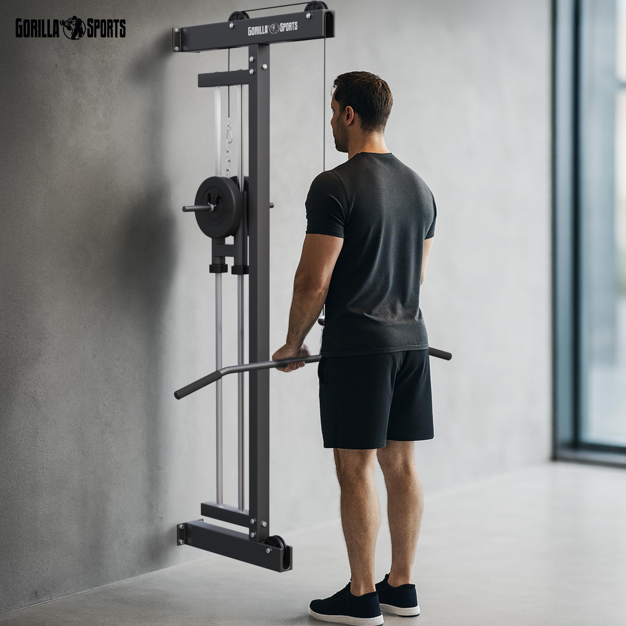 Gorilla Sports® Stazione LAT Machine - Montaggio a Parete, Carico Massimo 300 kg, incl. Lat Pull Bar e 2 Chiusure a Molla - Pulldown Cavo, Macchina per Cavi, Cable Tower, Allenamento, Palestra