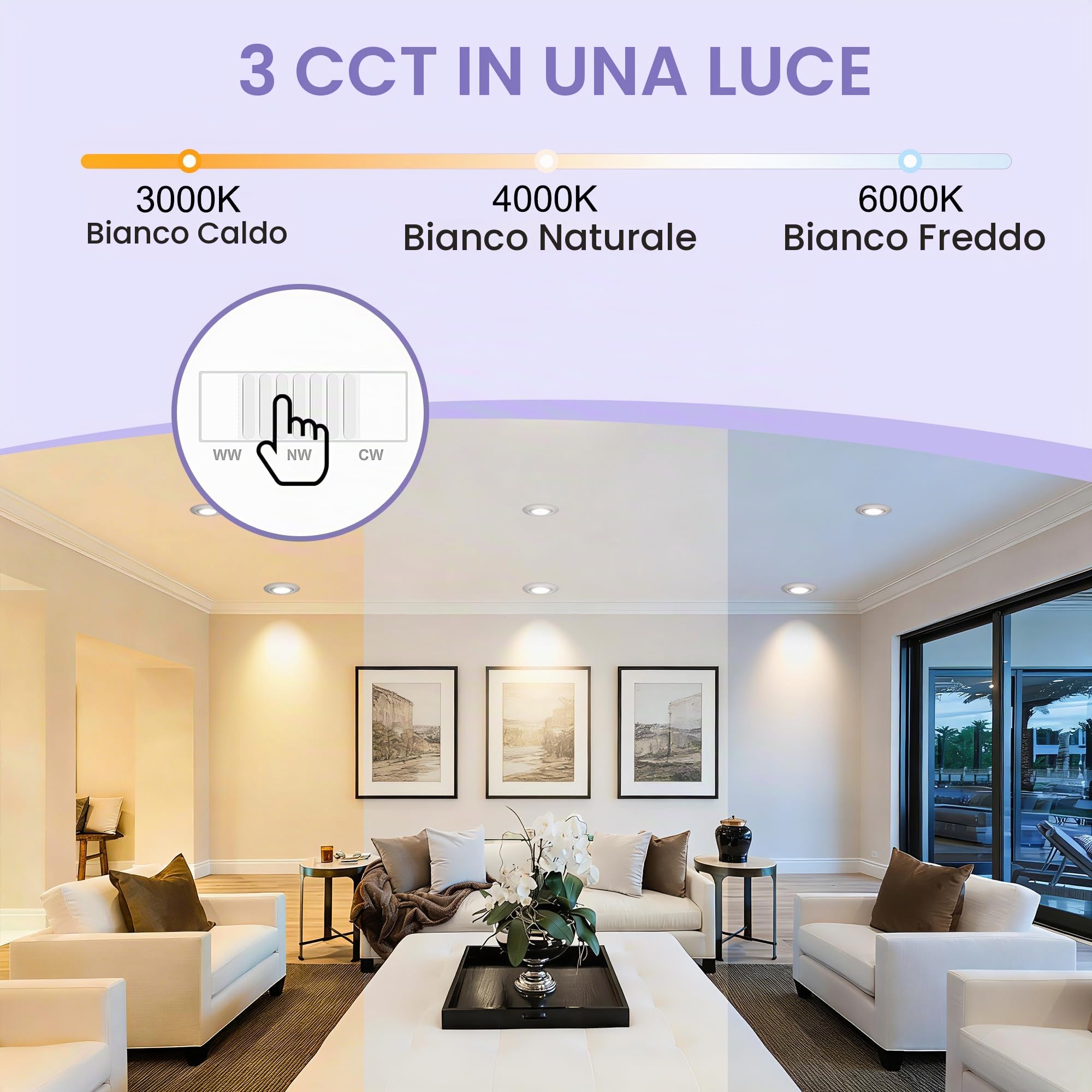 Faretti LED da Incasso per Cartongesso Dimmerabile 230V, 5.5W 600LM IP44 Faretto Incasso Ultra Piatti 68mm, Caldo/Neutro/Freddo Faretti LED Soffitto Ruotabile a 45° per Bagno, Set di 6 Nichel