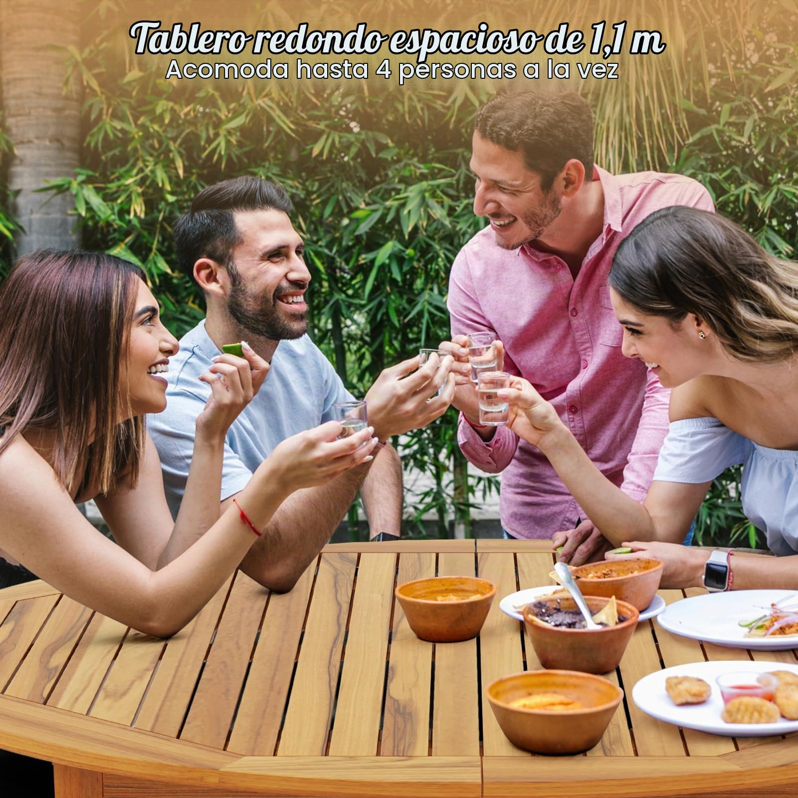 GOPLUS Mesa de Comedor de Madera de Acacia con Tablero de Listones | Mesa Redonda Clásica para 4 Personas, Ideal para Interiores y Exteriores, 100x100x75 cm