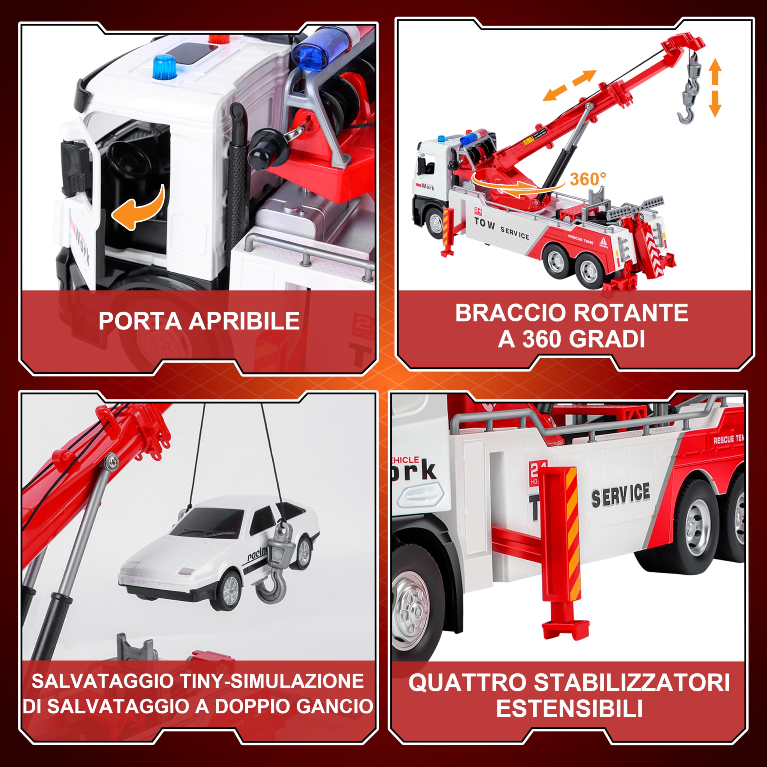 JONRRYIN Carroattrezzi Giocattolo, Camion gru per bambini, Veicolo di Recupero con Luci e Suoni, Camion Trasportatore Funzione, Regalo Giocattolo per Bambini dai 3 Anni in Su