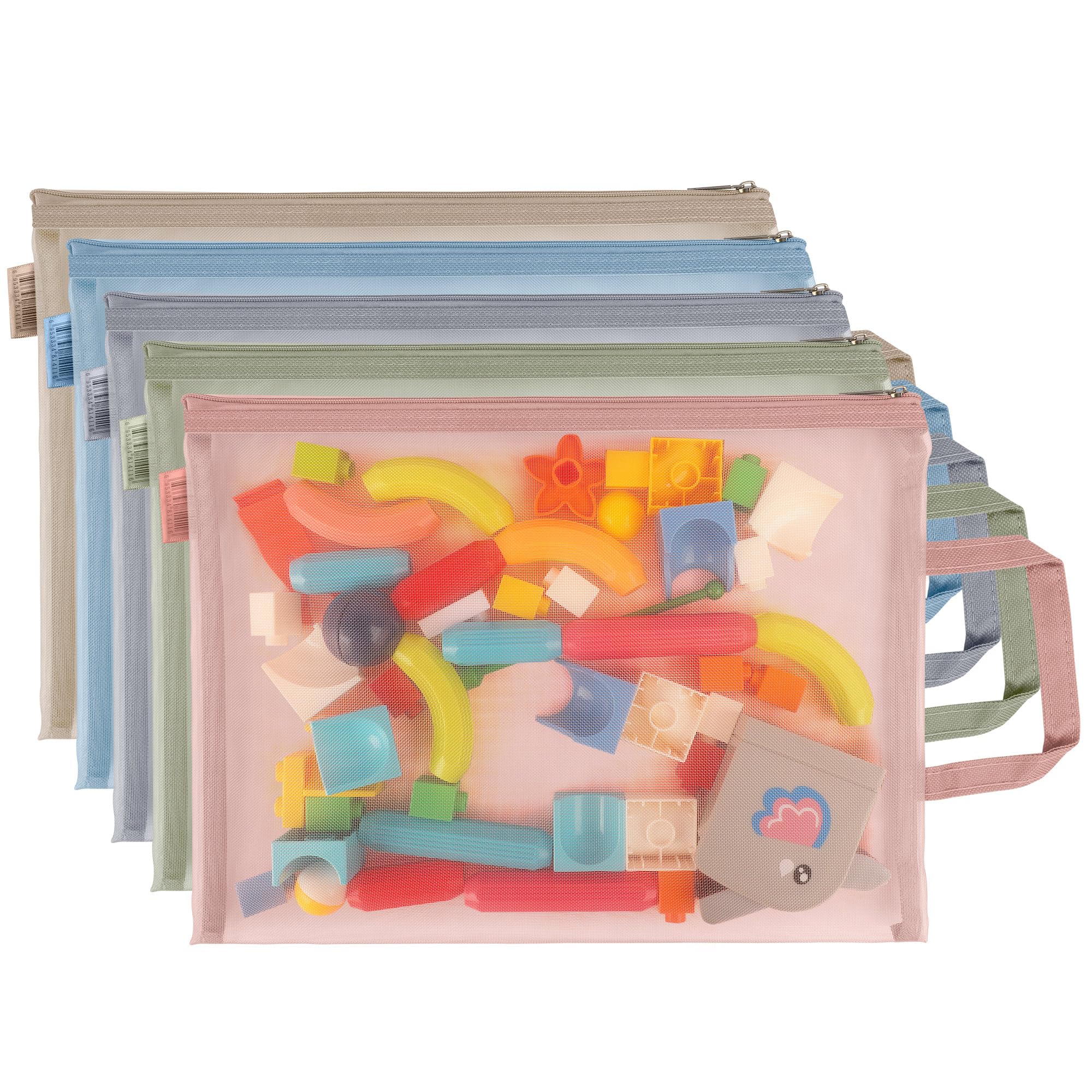 Ipow Kids Toy Storage Bags, 5 Pack A4 Mesh Zipper Pouches with Handle