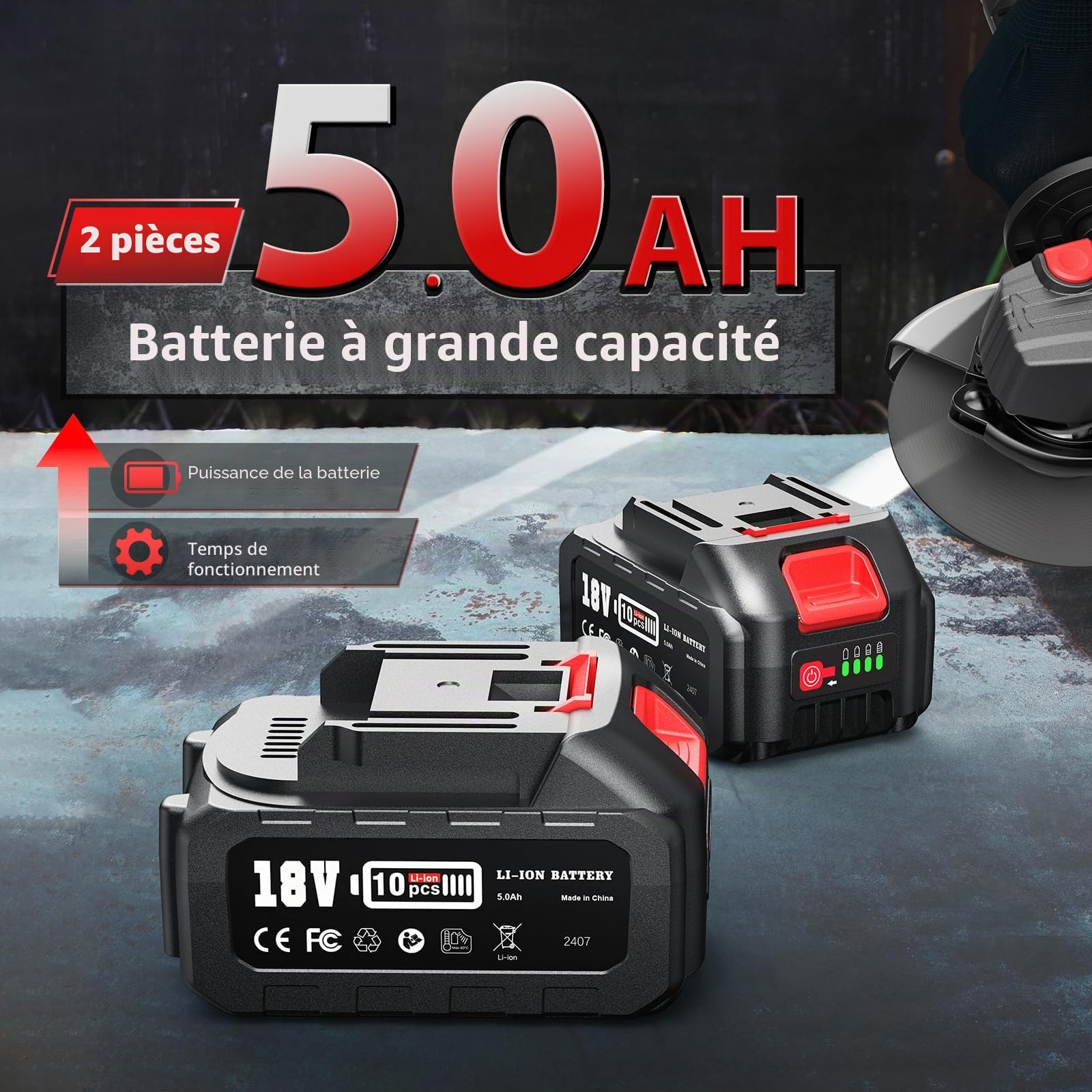 Meuleuse d'angle sans fil avec 2 x 5,0 Ah, 9500 tr/min, meuleuse d'angle 125 mm sans brosse, batterie Flex avec disques à tronçonner, disque abrasif pour coupe, élimination de la rouille