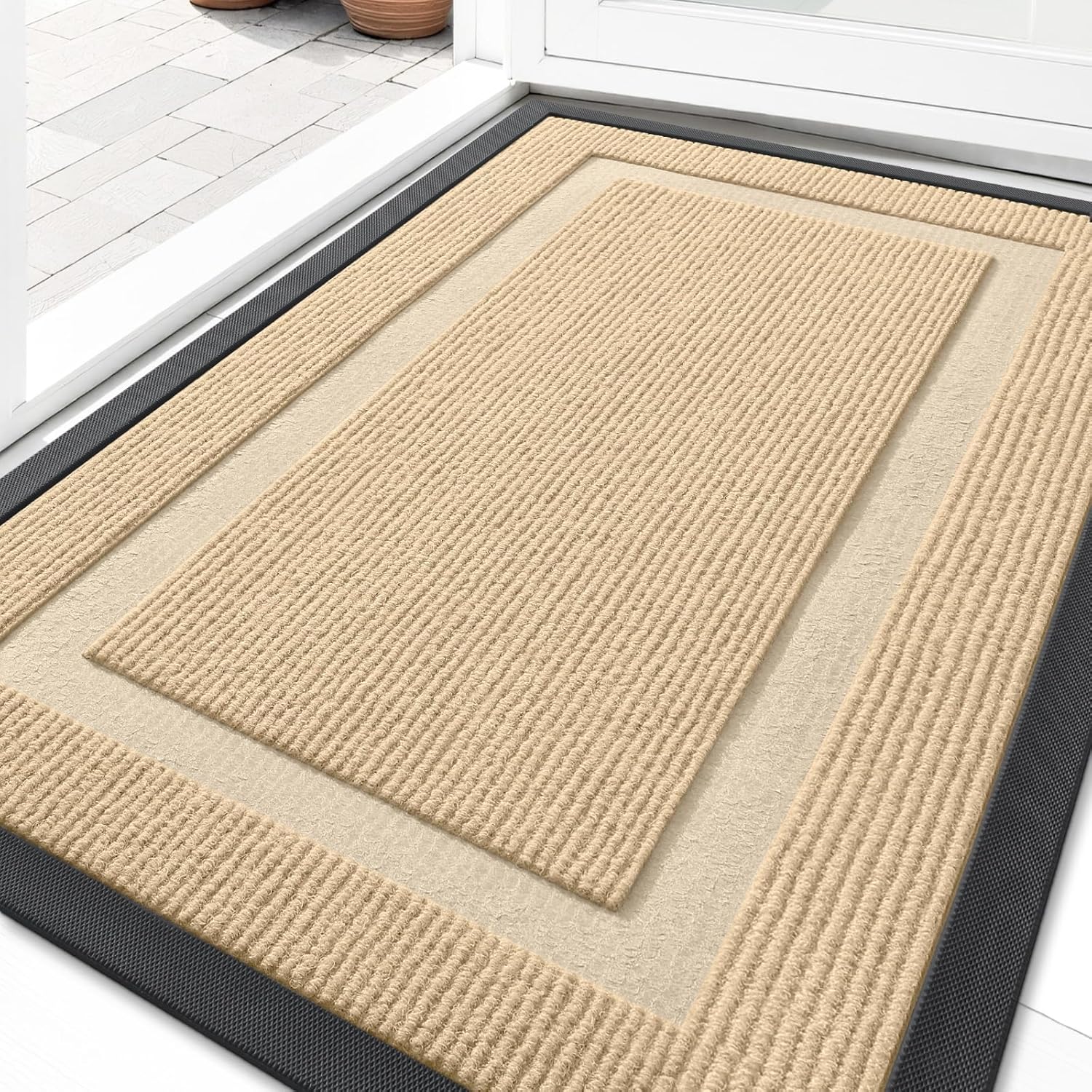 OLANLY Front Door Mat Indoor Outdoor Entrance, Waterproof All-Season, All-Weather Doormat, Sturdy Natural Rubber, Fade Resistant, Low Profile, Easy Clean Patio Porch Entryway Mat, 36x24, Beige Beige Classic Border Rectangular 36" x 24"