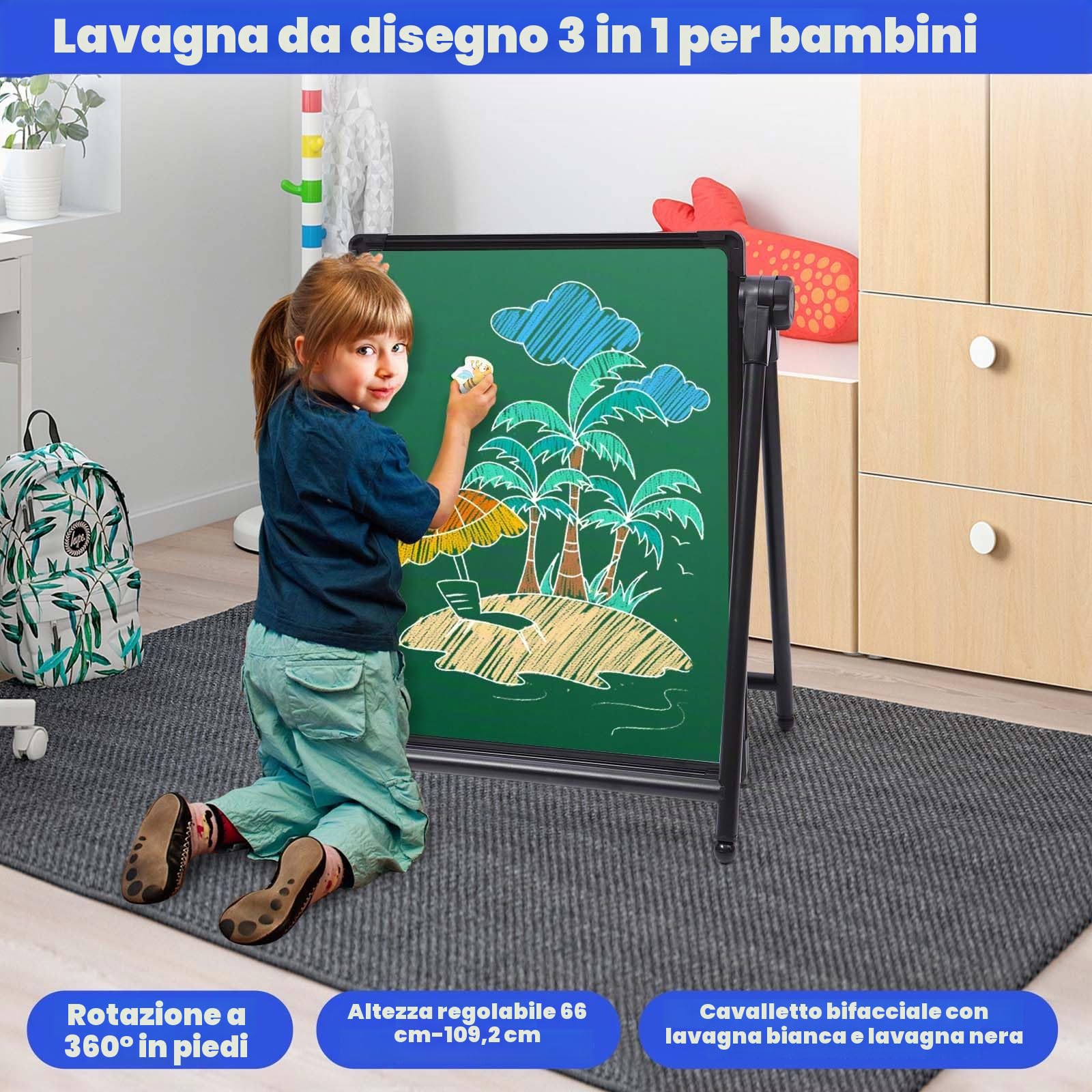 Lavagna per Bambini Cavalletto per Bambini Pieghevole Lavagna Bianca e Lavagna con Sacchetto di Stoccaggio, Regolabile in Altezza e Girevole a 360 ° (Nero)