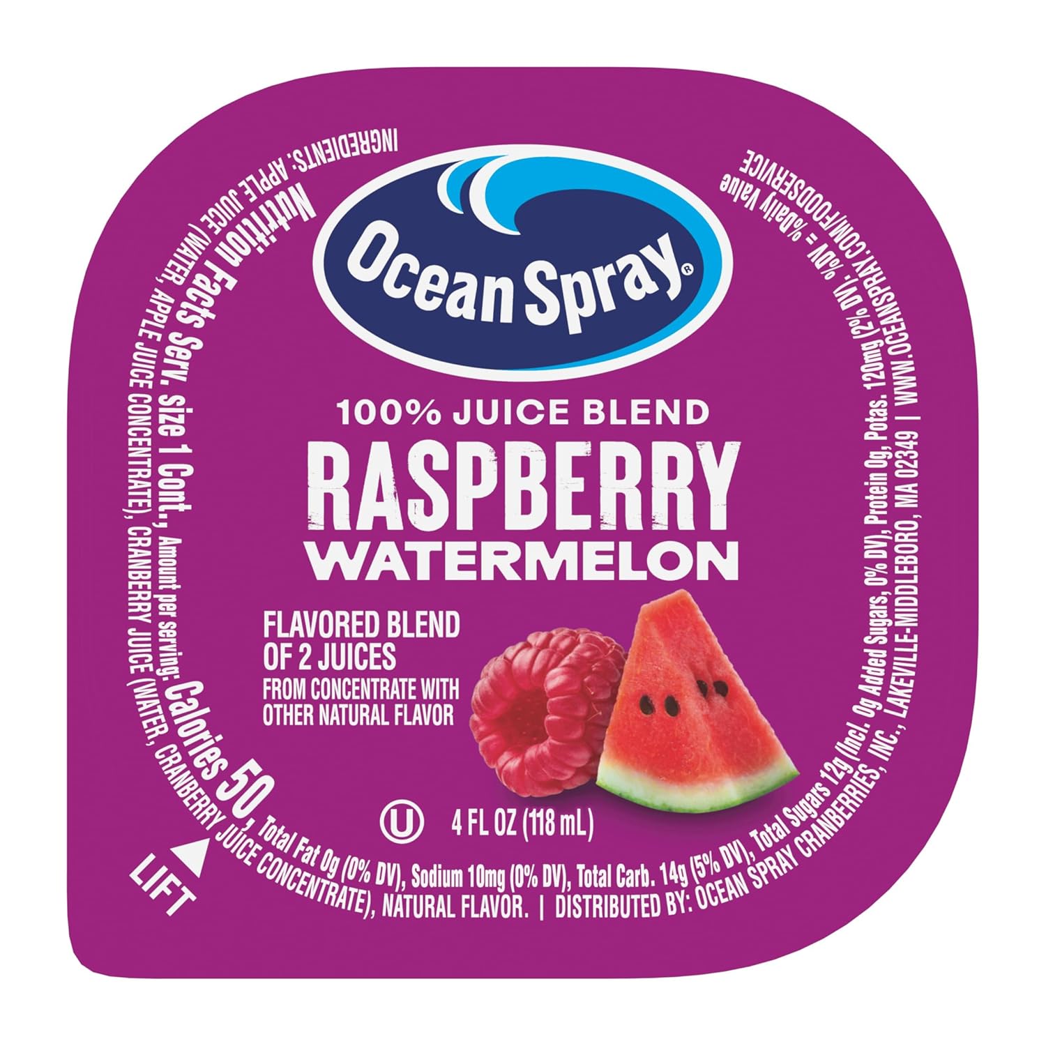 Ocean Spray® 100% Juice Raspberry Watermelon Juice Blend Drink, 4 Fl Oz Cup, 48 Count
