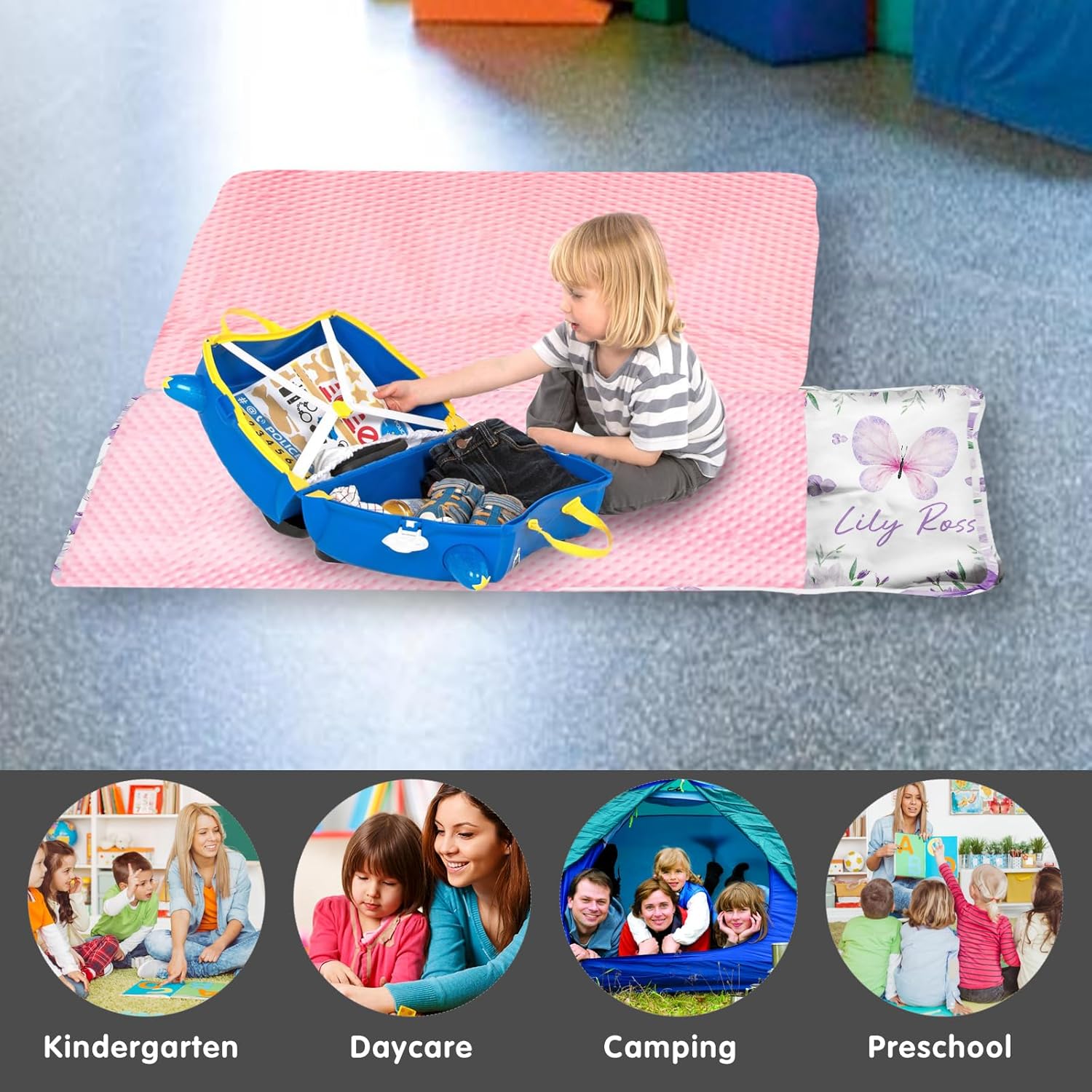 Personalized Toddler Nap Mat with Name, Custom Kids Nap Mat for Girls, Daycare Sleeping Mats with Soft Blanket and Removable Pillow, Perfect for Preschool, Travel, Kindergarten