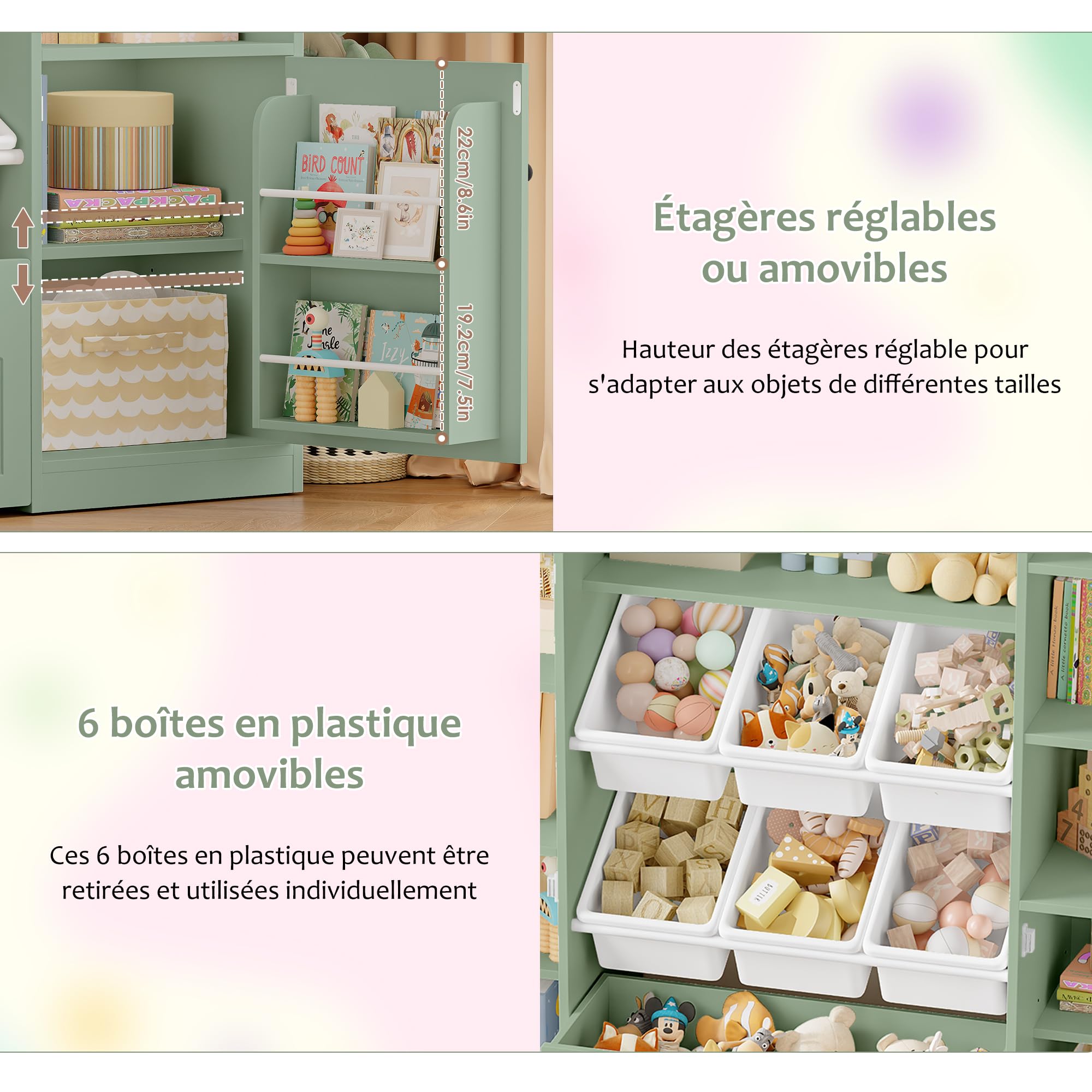 FOREHILL Meuble Rangement Enfant Bibliothèque Enfant avec 15 Étagères 6 Boîtes Amovibles 1 Tiroirs Roulants 2 Portes Rangement Jouet pour Chambre d'enfants Salle de Jeu 140x33x108.2cm Vert