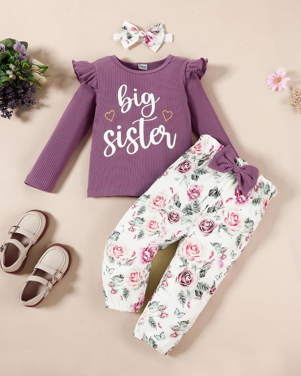 Big Sister Little Sister Matching Outfits Rib Knit Ruffle Short Sleeve Floral Pants Girl Clothes Set 3Pcs image 2