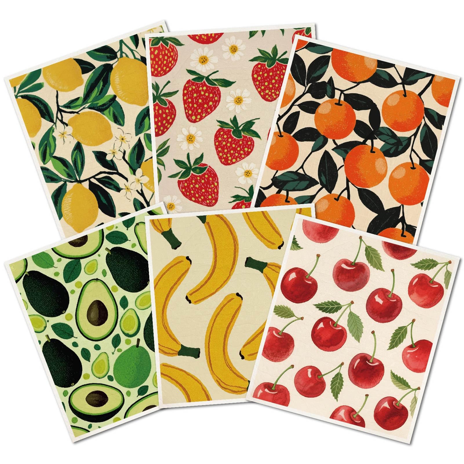PRESSINART 6Pcs 6 Styles Fruit Dish Cloths Swedish Kitchen Dishcloths Reusable Wash Towels Rectangle Cellulose Sponge Cherry Strawberry Lemon Banana Avocado Orange Mixed Pattern for Kitchen Cleaning