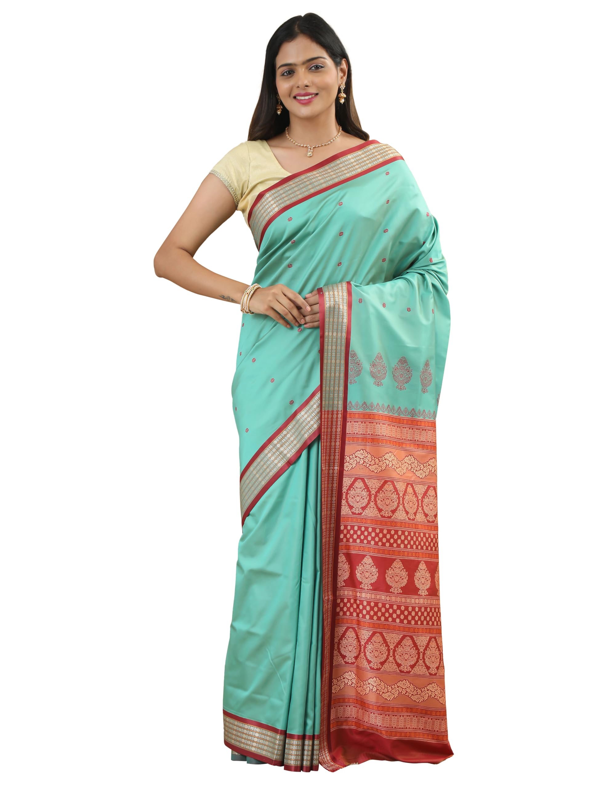 herclozet Bomkai Silk Resham Border Saree (Sea Green, Red)-picture-55