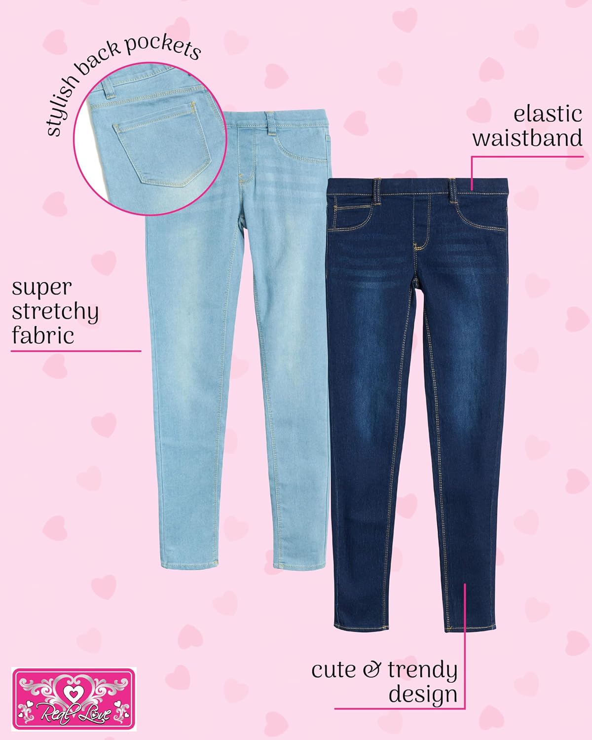 Real Love Girls Jeggings - 2 Pack Stretch Performance Girls Jeans Denim Leggings with Pockets & Elastic Waistband