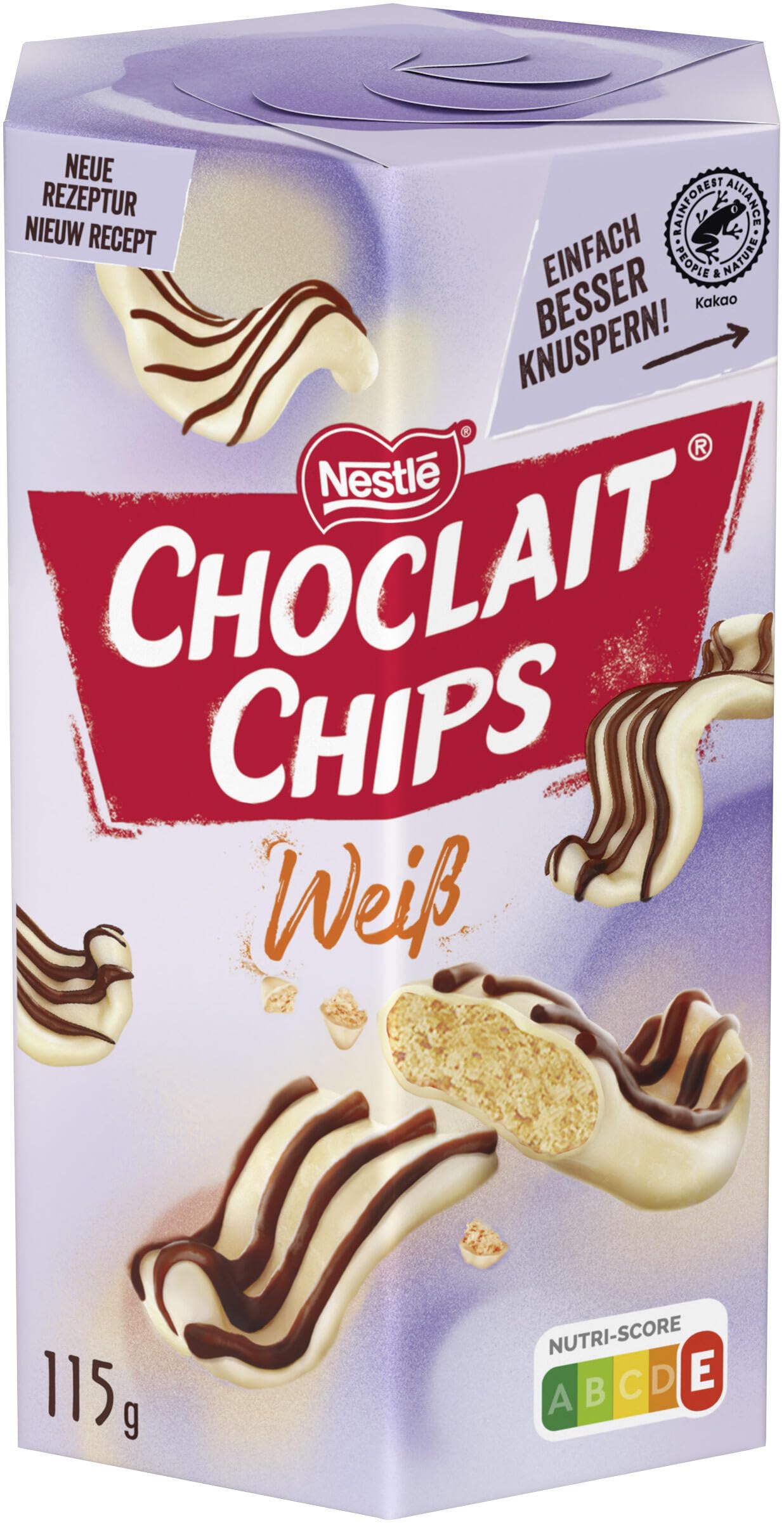 Nestlé CHOCLAIT CHIPS Weiß, Leckere Knusperchips mit Mandelgeschmack, umhüllt mit weißer Schokolade und verfeinert mit Milchschokolade-Dekorstreifen, 15er Pack (15 x 115g)