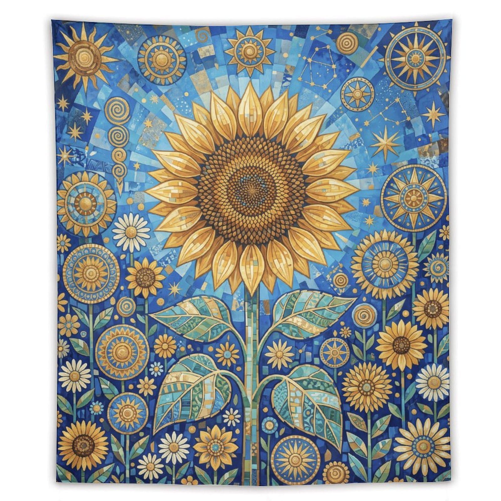 W7C8U2X3 Celestial Mosaic Sunflower Wall Tapestry, Byzantine Art Style