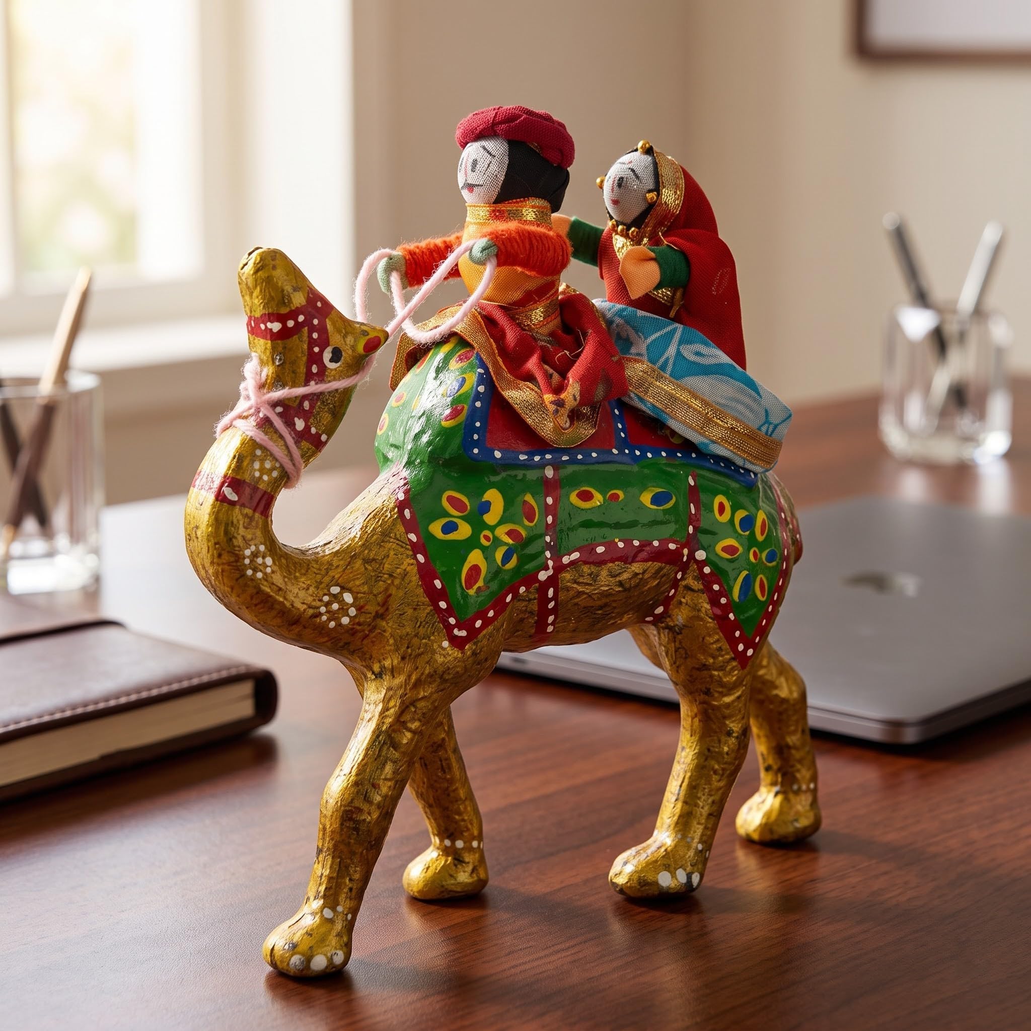 JH Gallery Handmade Recycled Material Figurines Rajasthani Doll Couple Rider Idol Showpiece, Multicolor (18 * 16 * 5cm) (Camel)