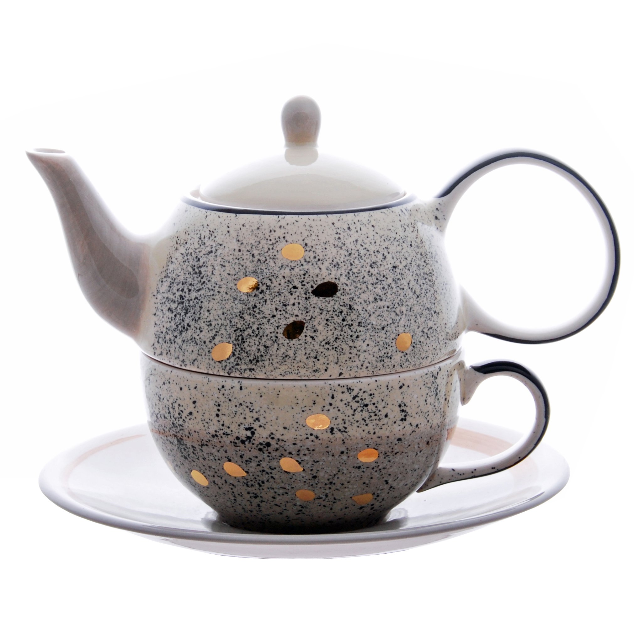 Tea for one Set "Sao" Keramik mit Goldauflage 4-teilig, Kanne: 0,4 l, Tasse: 0,2 l
