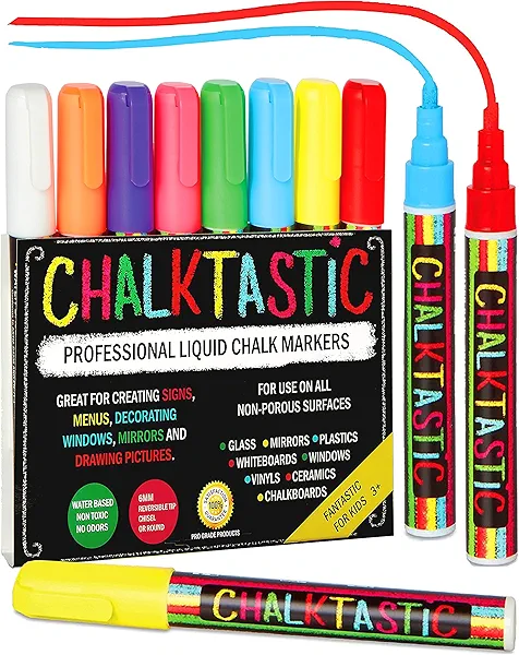 Chalkboard Markers Set of 8 Washable, Erasable Chalk Ink Dry Erase Pens for School, Chalkboard Menu Board & Glass Car Window - Neon, Pastel, White Chalk Pens - Gifts for Artists