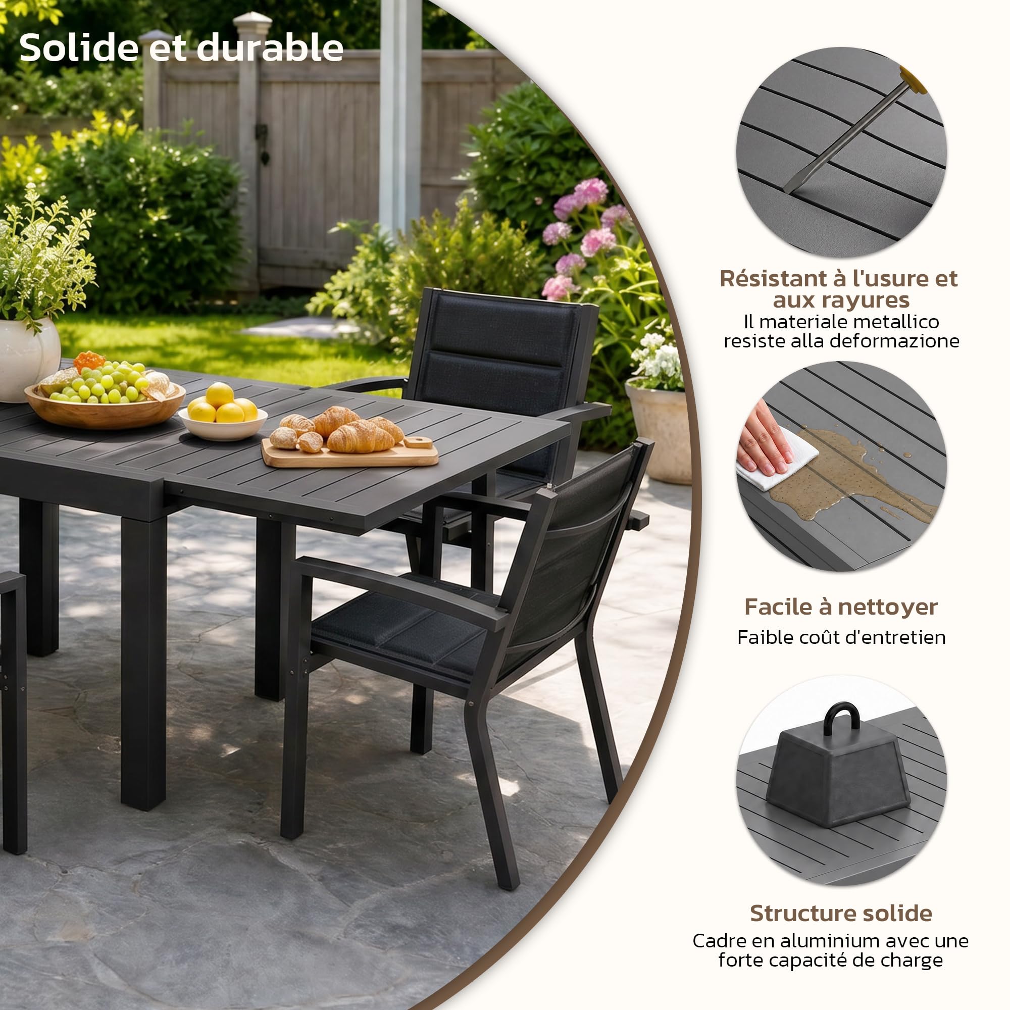 JUMMICO Gartenmöbel Set Aluminium Balkonmöbel Set Terrassenmöbel Gartentisch Ausziehbar 4 Stühle mit 1 Tisch, Gartenstühle Stapelbar und Leicht