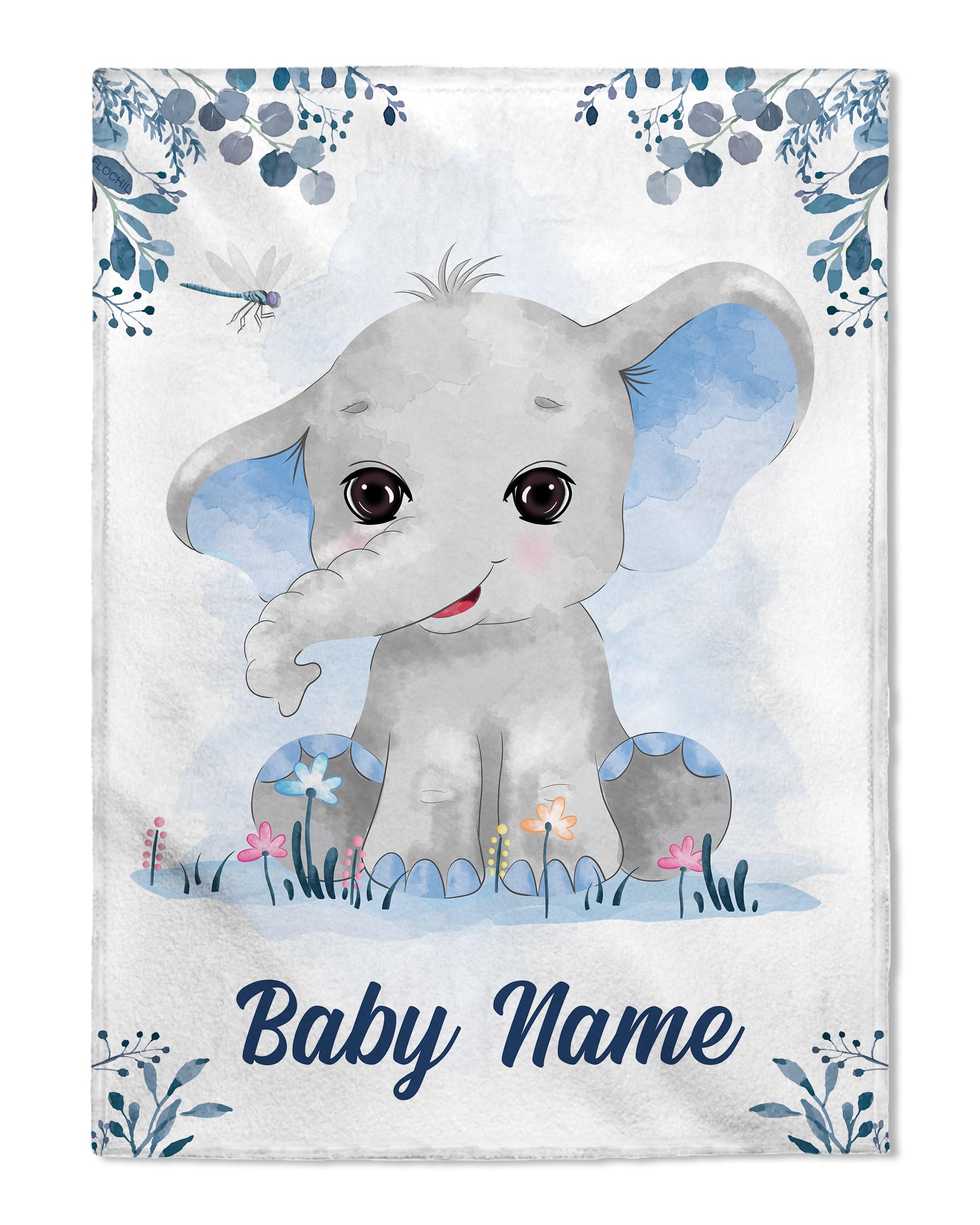 FLOCHIL Personalized Baby Blanket for Boys, Custom with Name, Elephants Theme, Gift for Newborn, Baby Shower