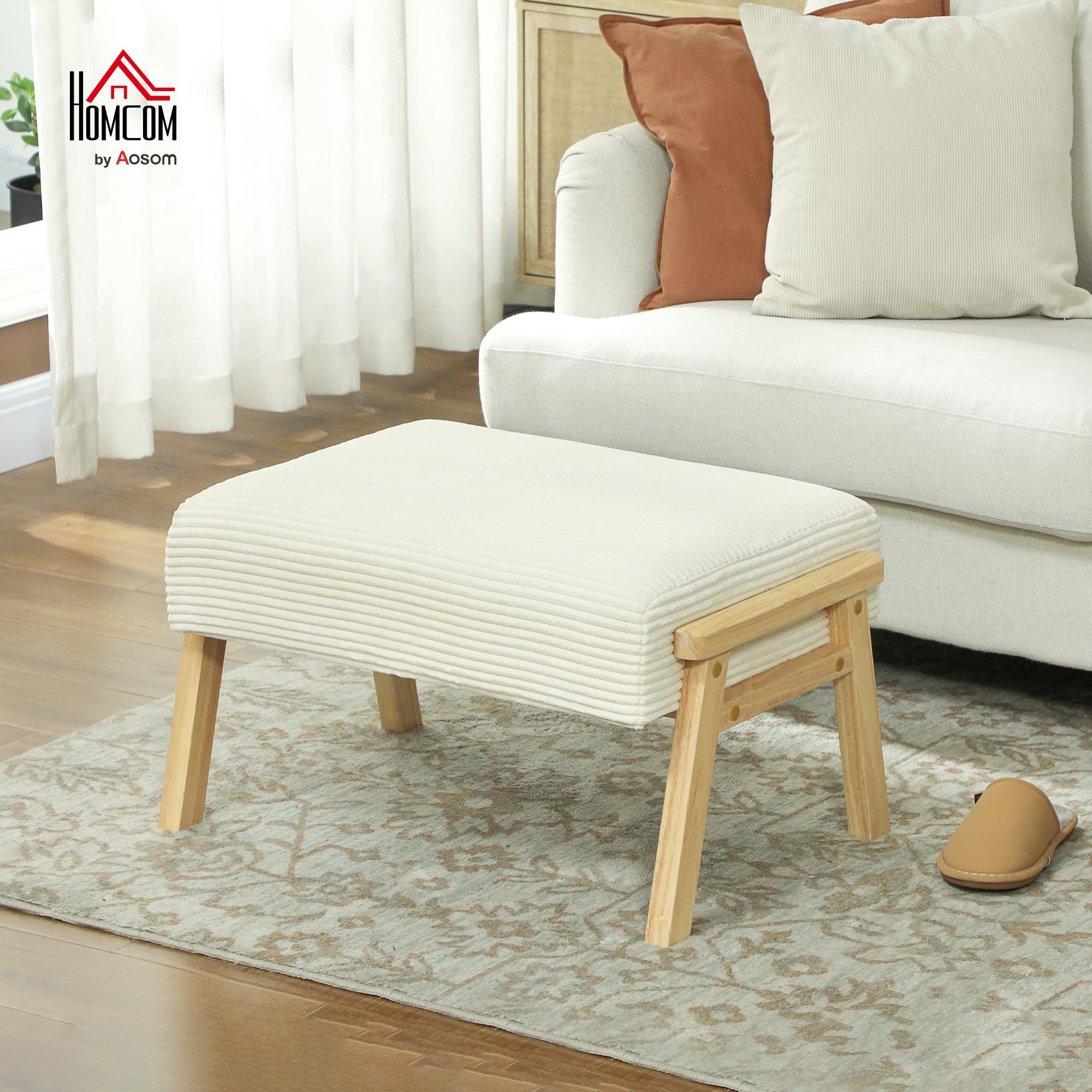 HOMCOM Sitzhocker mit Weichem Sitzkissen Holzbeinen Ottoman Cremeweiß