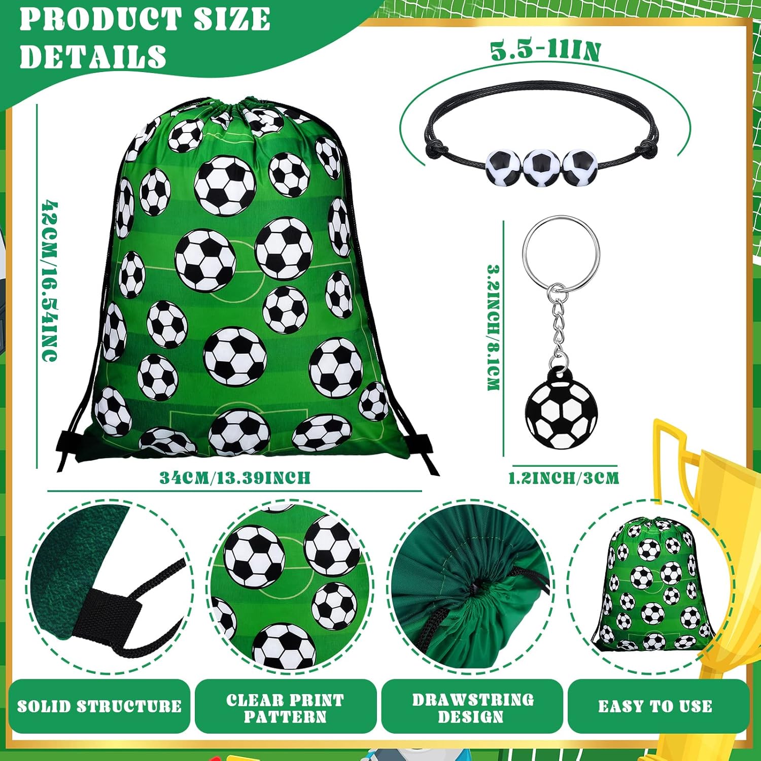 Patelai 36 Pcs Soccer Party Favors 12 Soccer Drawstring Gift Bags Team Sports Goodie Treat Bag Candy Snack Backpack 12 Adjustable Bracelets 12 Keychains for Birthday Party Supplies Decorations - Image 2