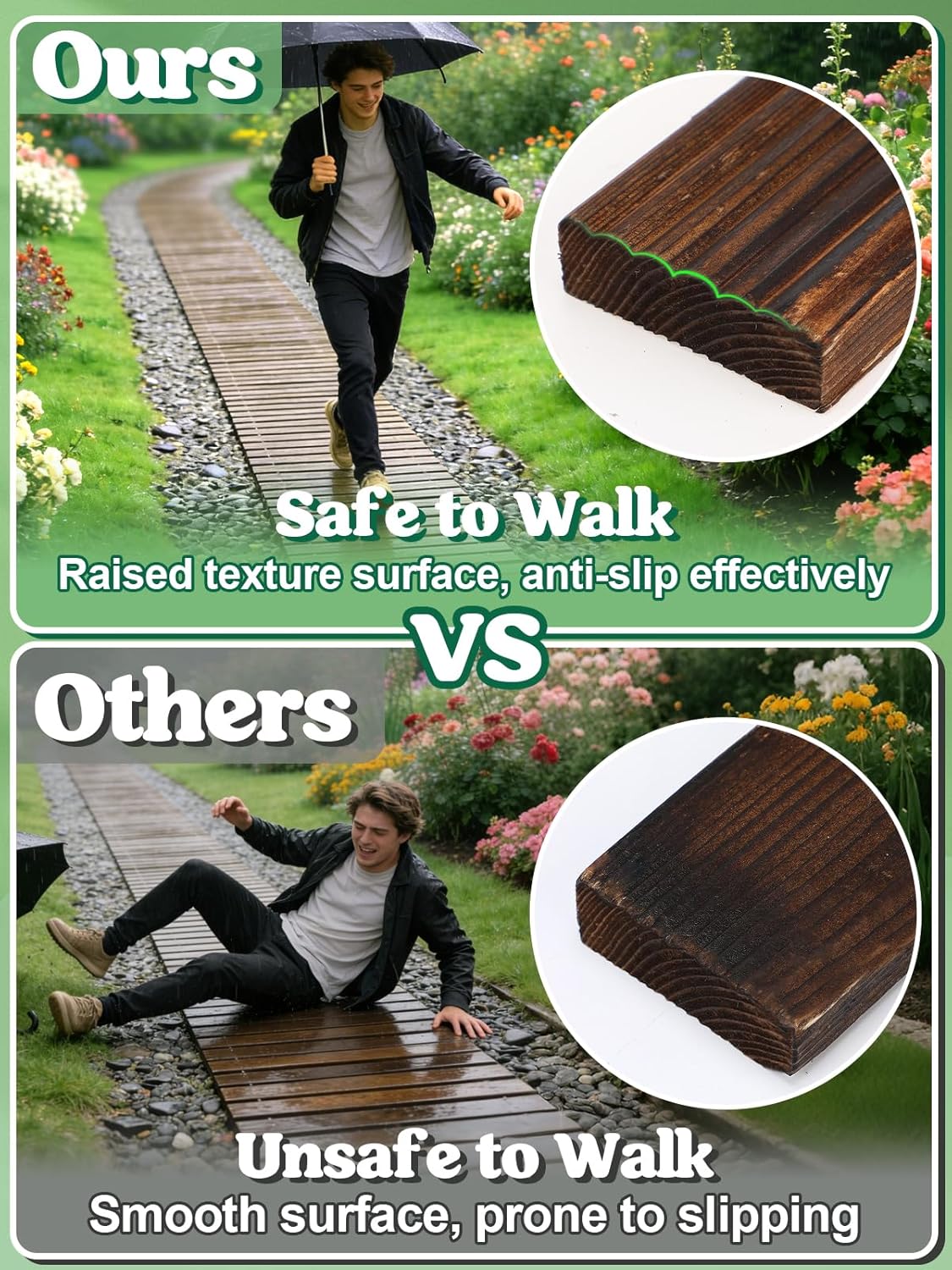 0.6in Thicken Carbonized Wooden Garden Pathway - 8ft Anti-Slip Weather Resistant & Sturdy Decorative Path Walkway for Outside Backyard Uneven Ground (Brown)
