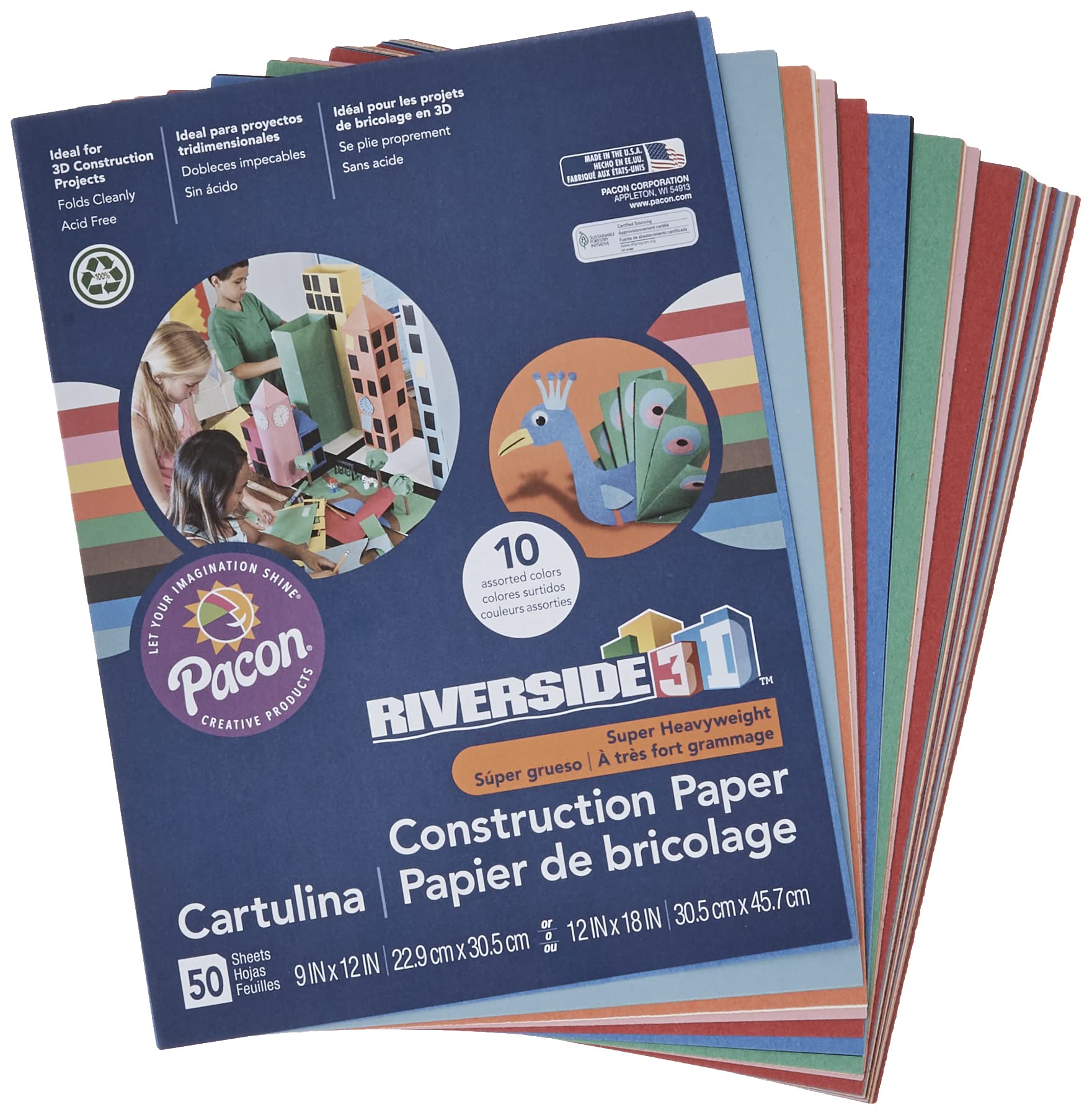 Riverside 3D Construction Paper, 10 Assorted Colors, 9" x 12", 50 Sheets