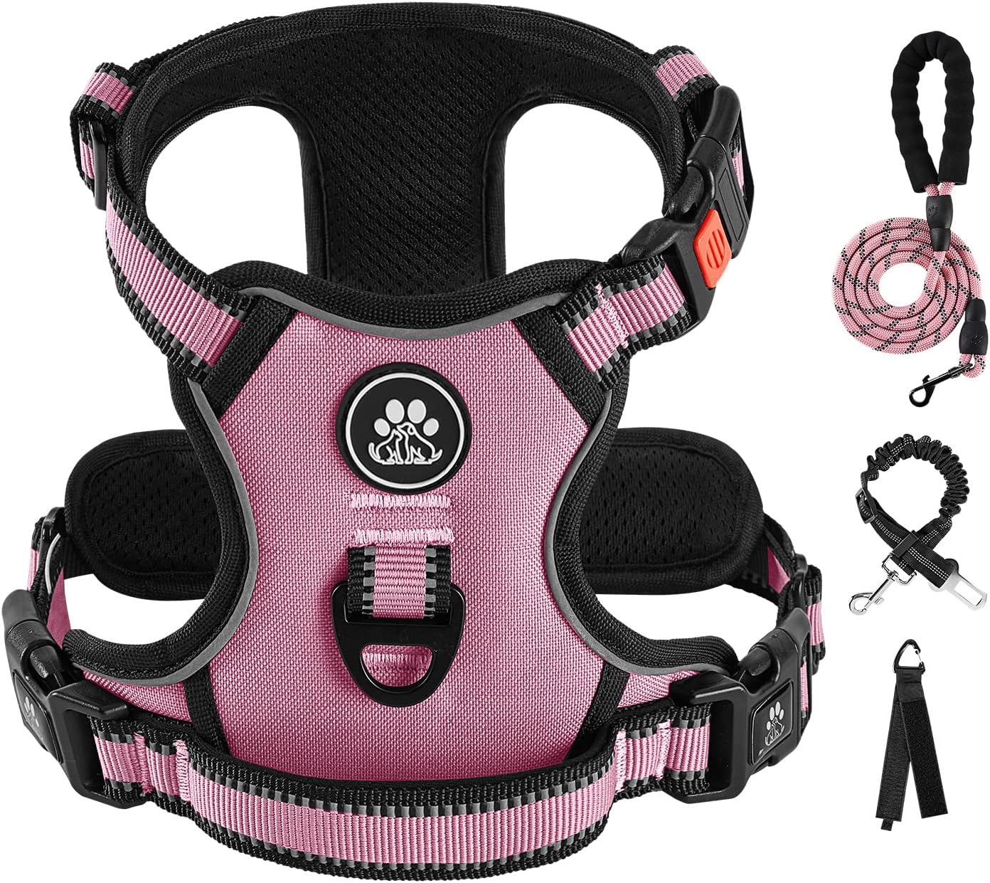 IVY&LANE No Pull Dog Harness for Small Dogs, Dog Vest Harness with Leash, Safety Belt and Storage Strap, Fully Adjustable, 360 Reflective Strip, Soft Handle (Pink, S) Small Pink