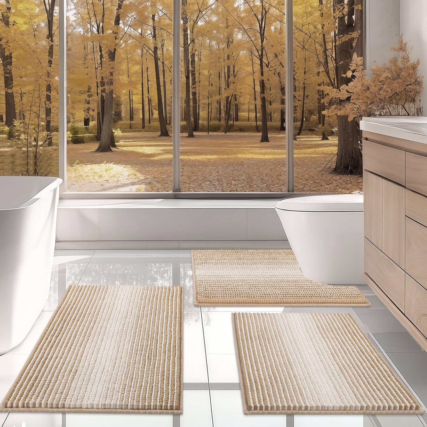 BSICPRO Bathroom Rugs Sets 3 Piece, Toilet Rugs U-Shaped Contour Bath Mat Set, Striped Absorbent Non Slip Chenille Shower Mat, Beige 20"x32"+16"x24"+U Shape 20"x24" Beige