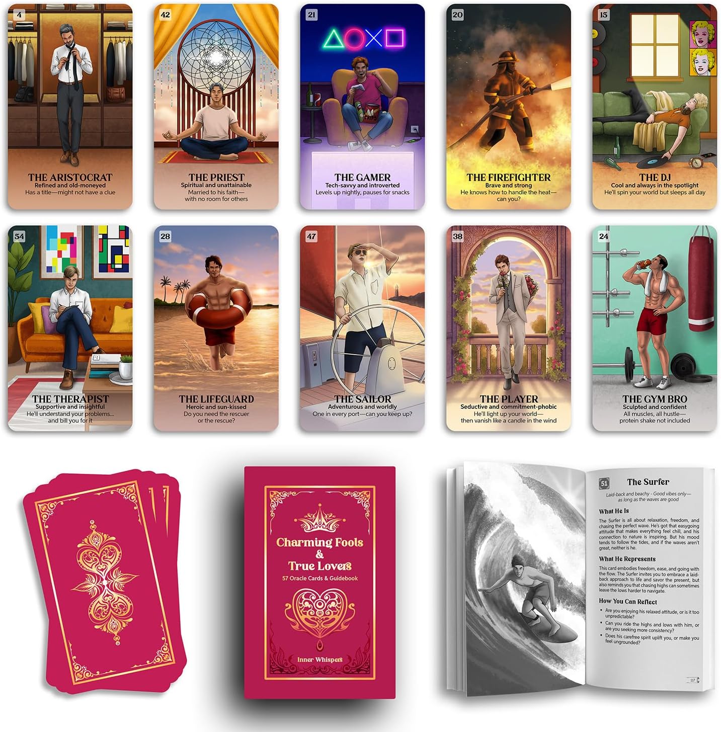 Charming Fools & True Lovers - Universal Masculine Insight, Love Oracle Cards with Guidebook, Love Messages Oracle Cards Decks, Life Situation Tarot, Twin Flames Tarot Deck - Image 4