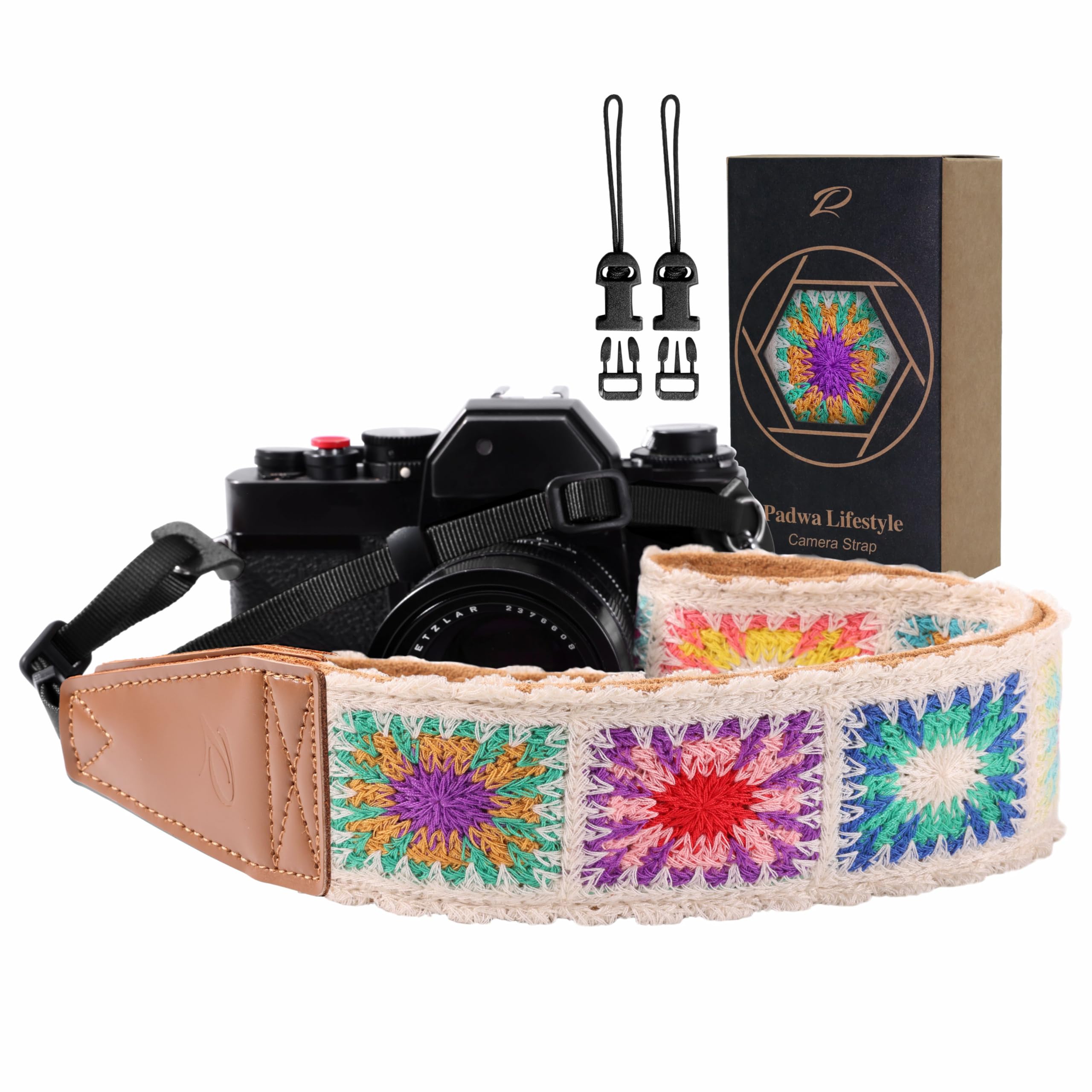 Padwa Lifestyle White Crochet Camera Strap - 2" Full Grain Leather Ends Camera Straps for Photographers, Vintage Embroidered Cotton Soft Suede Fabric