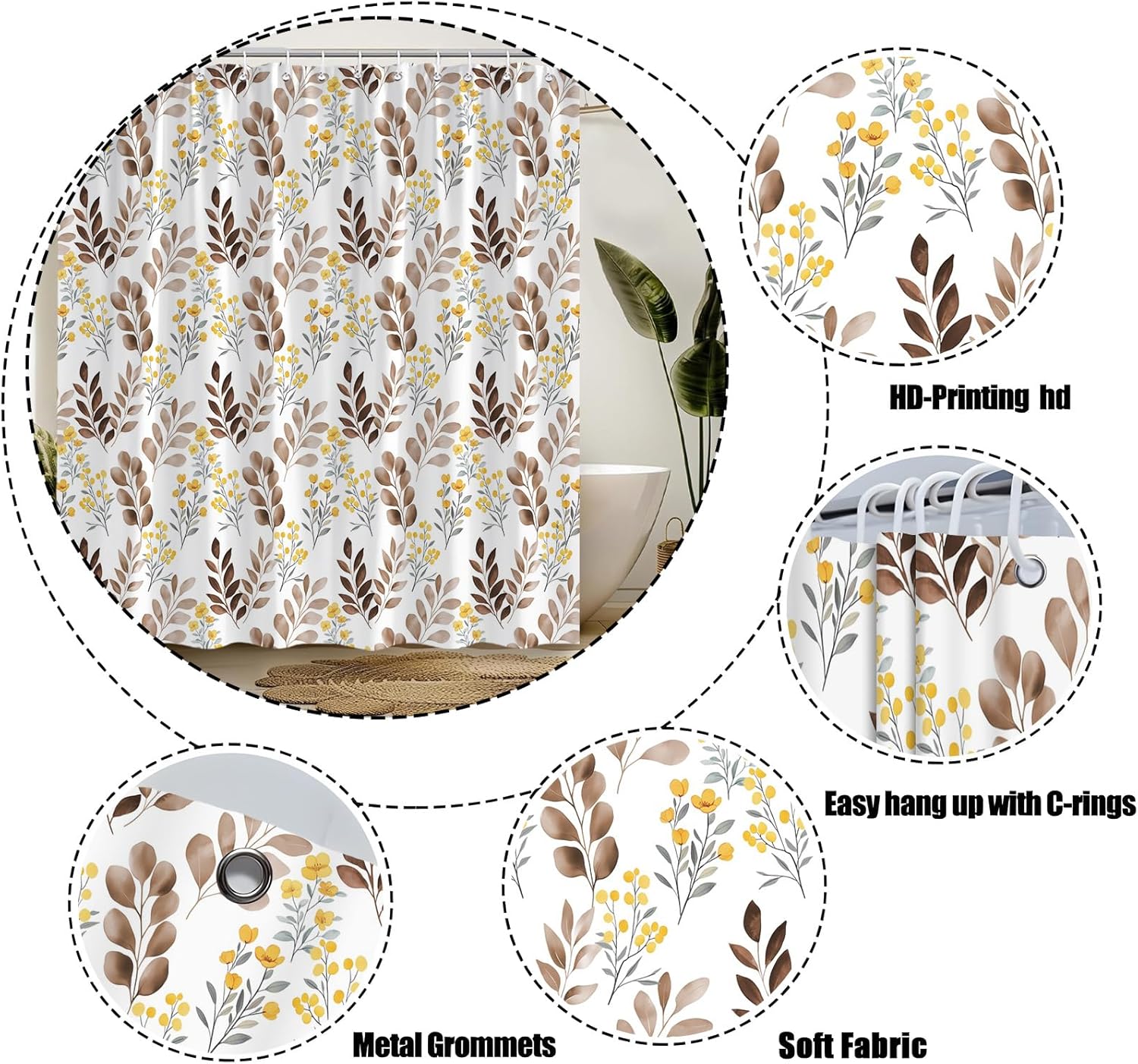 Spring Leaves Floral Shower Curtain 70" Wx75 H,Brown Yellow Watercolor Flower Rustic Farbic Bathroom Decor with Hook