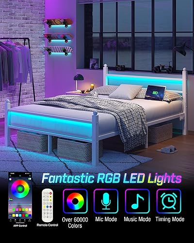 Miniatura 12 de Base de cama de tamaño individual con estación de carga y luces LED, marco de cama de metal con cabecero, cabecera tapizada negra con estantes de