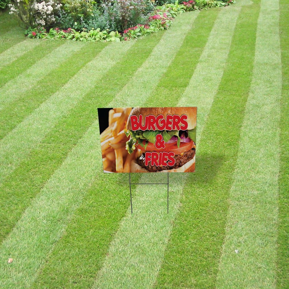 Weatherproof Yard Sign Burgers & Fries Advertising Printing B Golden Lawn Garden Take Out 18x12 Inches 2 Sides Print