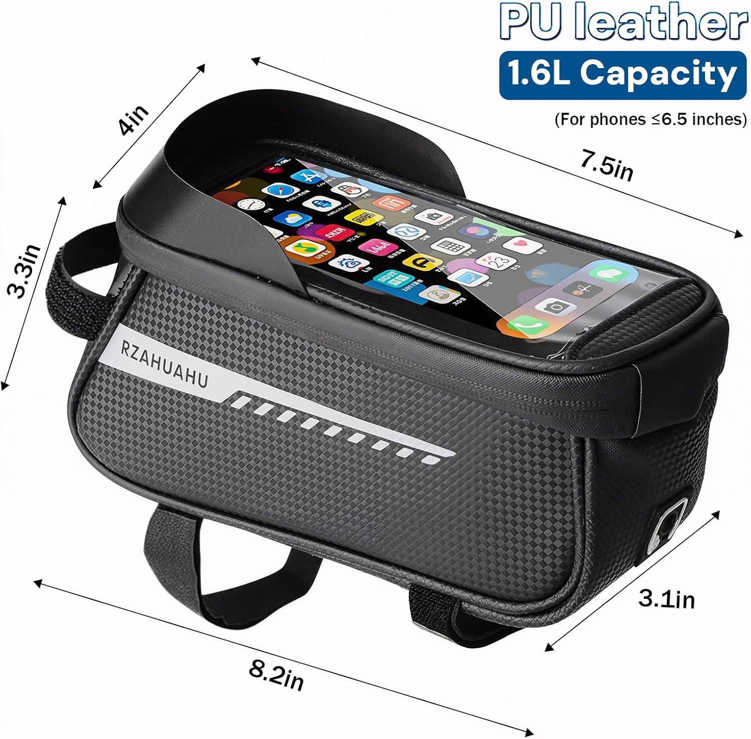 Bicycle Phone Front Frame Bag, Waterproof, Tube Bag,Cycling Pouch, E-Bike Accessories for Men Compatible Phone Under 7.5” Straps Fit All Frames