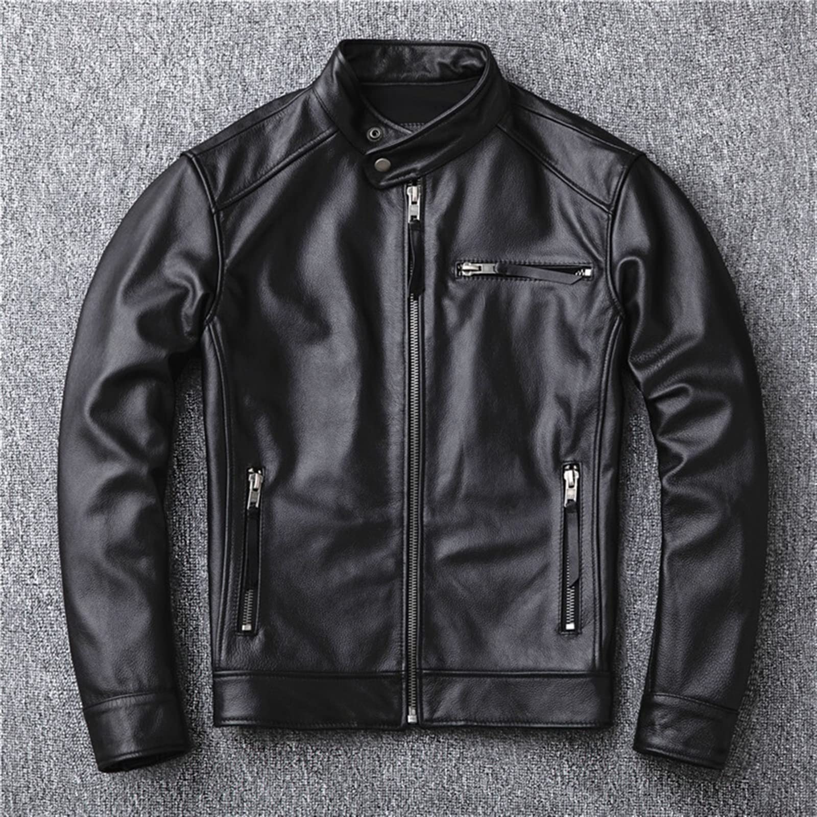 Mens Leather Coats Fashion Stand Collar Bomber Jacket with Full