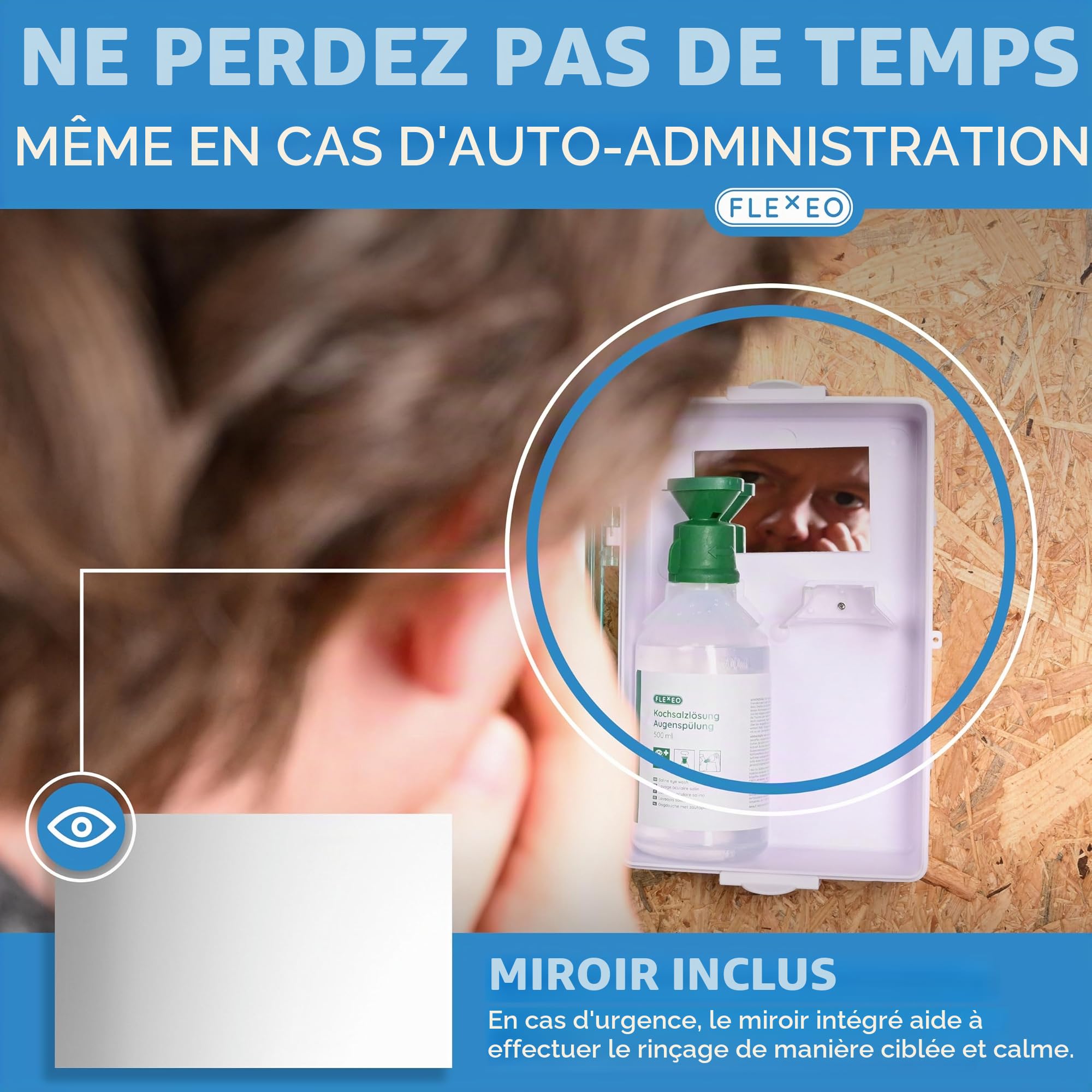 FLEXEO Station de lavage oculaire contient 2 bouteilles de 500 ml de solution saline et support mural - stérile 0,9 NaCl - eyewash - Rince-œil - station d'urgence