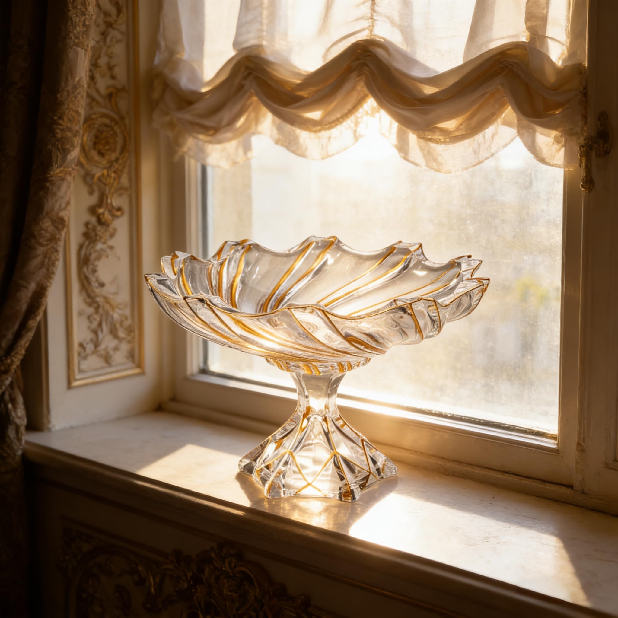 Grand bol décoratif en verre de cristal peint à la main en forme de tourbillon doré - 32 cm de diamètre - Bol en verre sur pied pour comptoir de cuisine et centre de table à manger