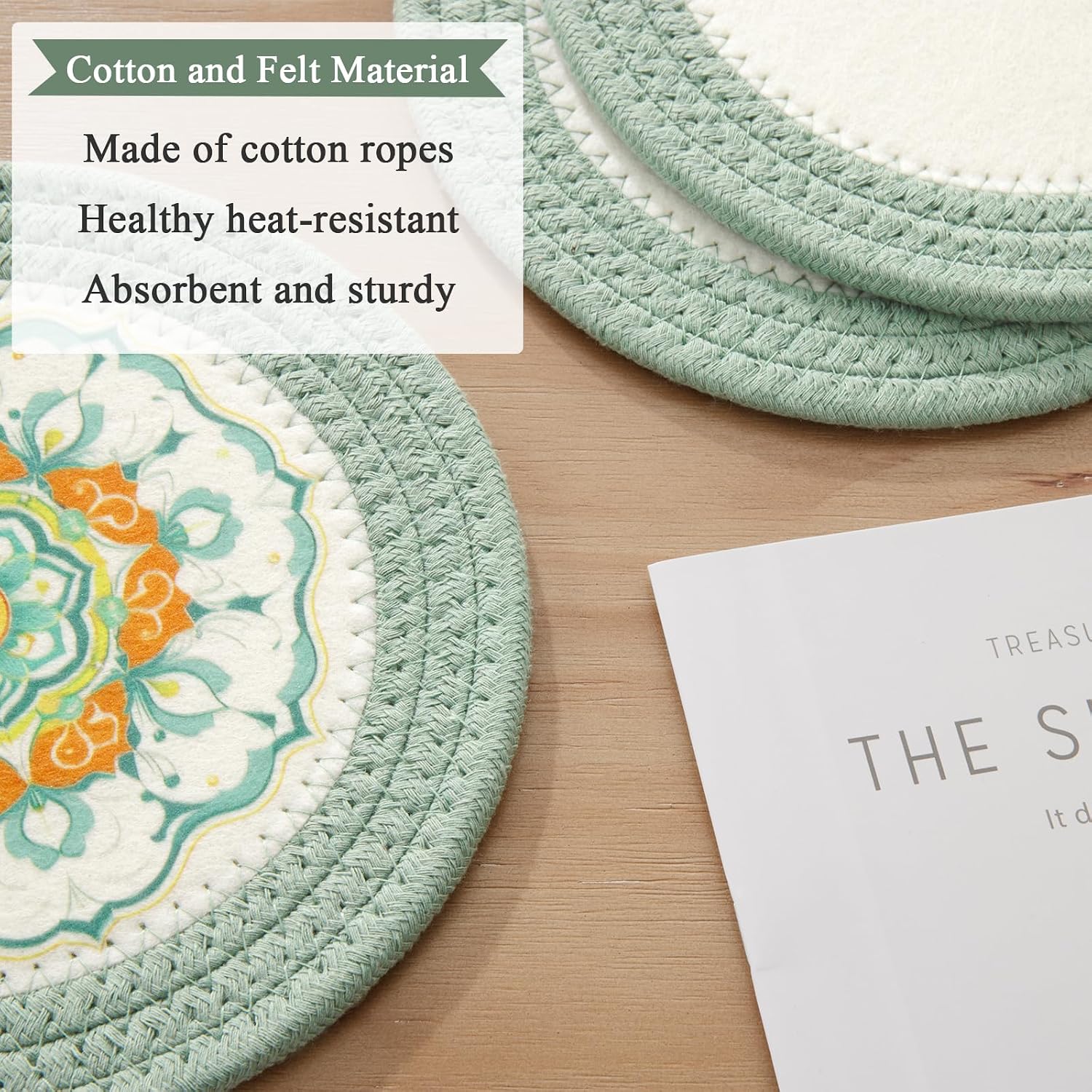 SHACOS Sage Green 8 Inches Trivets for Hot Dishes, 4 Pieces | Cotton and Felt Floral Trivet Mats Hot Pads for Kitchen, Countertops, Table, Heat-Resistant Pot Holders for Hot Pots and Pans