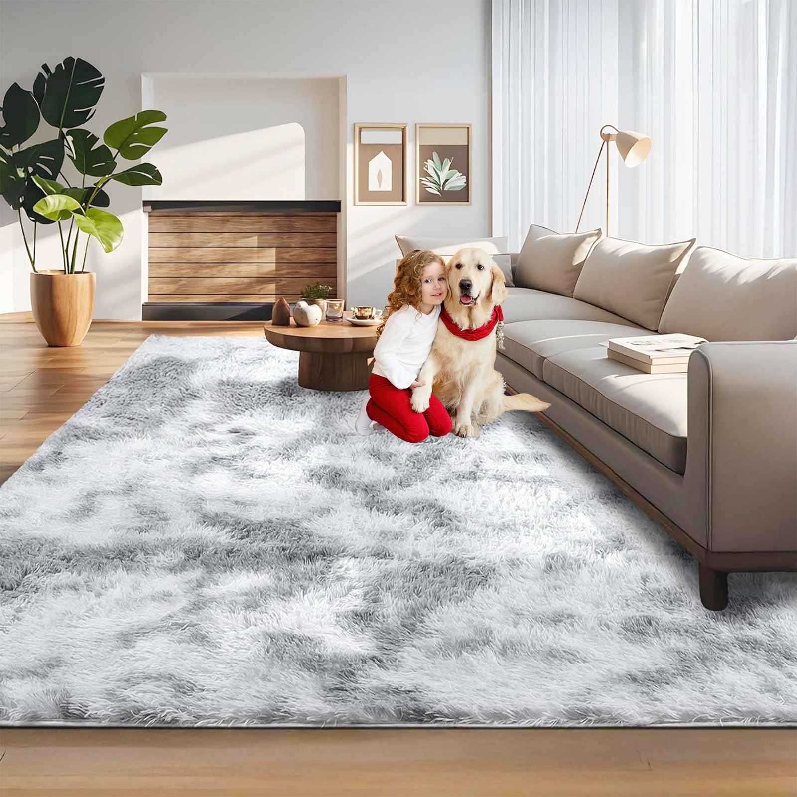 GUOJUN Tapis Chambre 110 x 220 cm Poils Longs, Lavable, Moderne Tapis de Cuisine Antidérapant pour Salon Chambre, Gris Clair