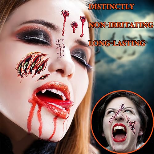 Miniatura 5 de Fusang 20 tatuajes temporales de cicatrices de Halloween, realista, falsa herida sangrienta, impermeable, papel adhesivo para cosplay, fiesta,
