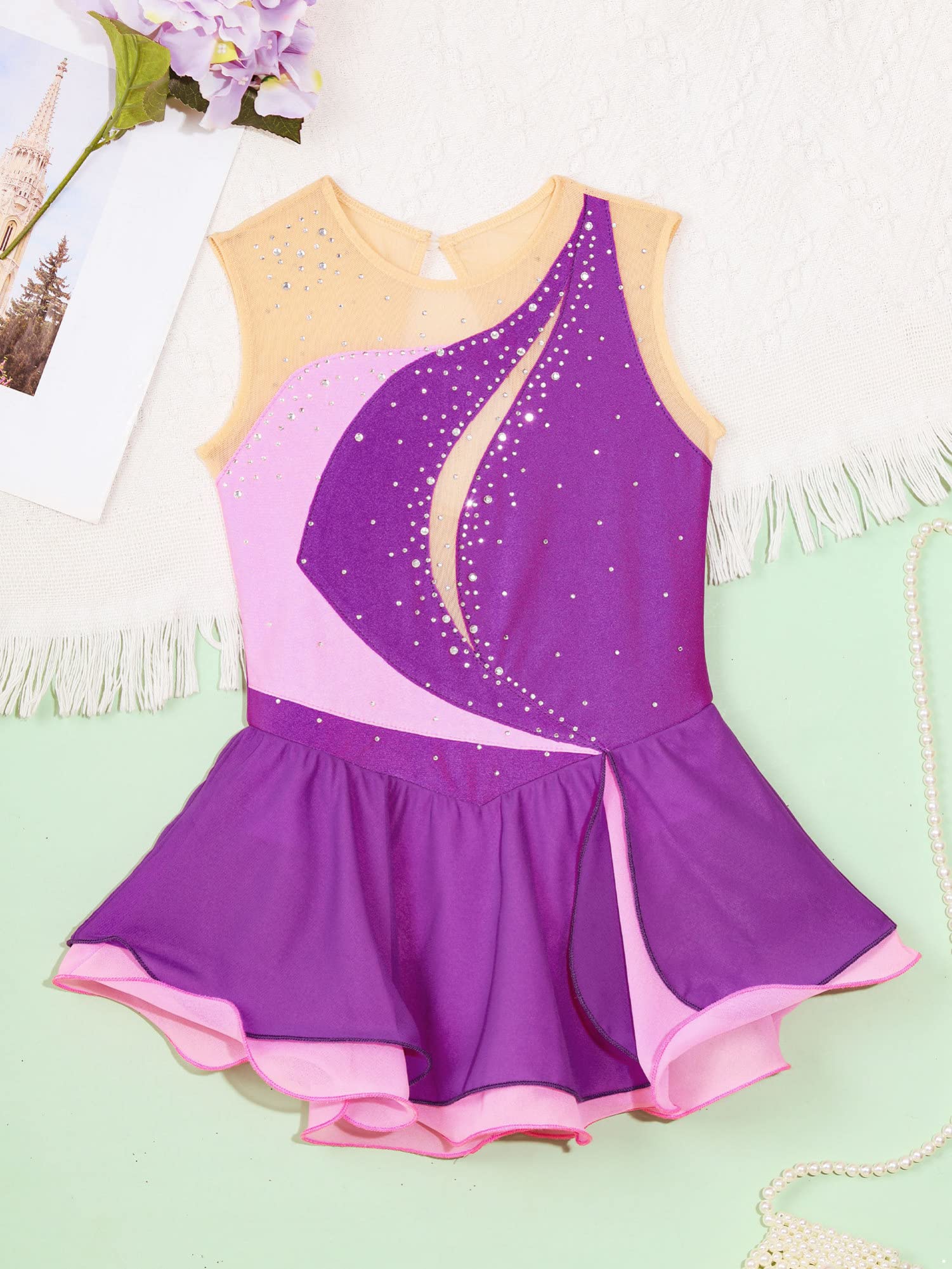 IEFIEL Maillot Patinaje Artistico Niña Vestido Brillante de Danza Ballet Leotardo Gimnasia Ritmica Maillot Ballet de sin Manga Disfraz de Bailarina — view 5