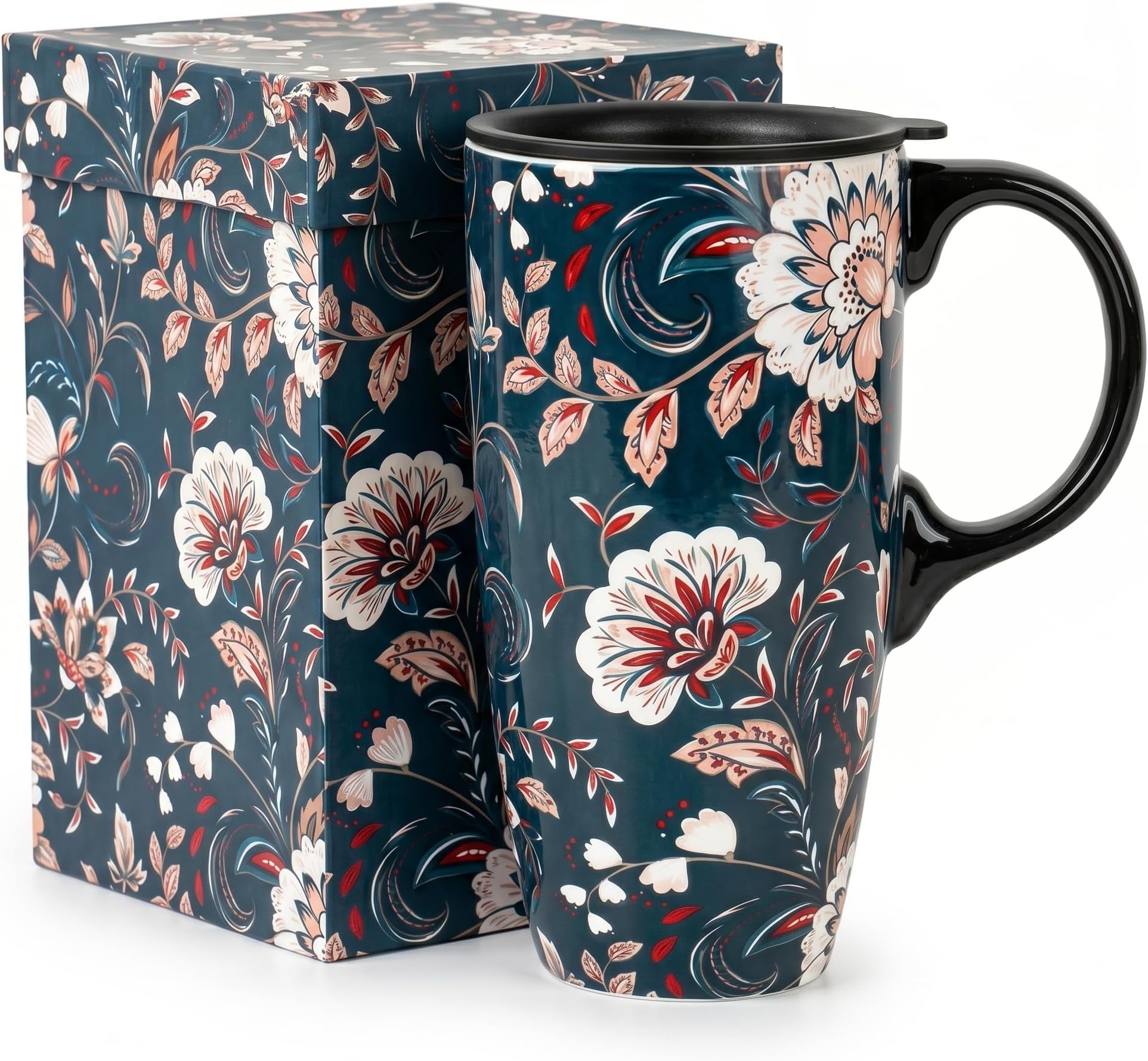 Topadorn 17oz Ceramic Travel Mug with Lid, Blue Floral Coffee Mug | Microwave & Dishwasher Safe Ceramic Travel Cup, Gift Box Included