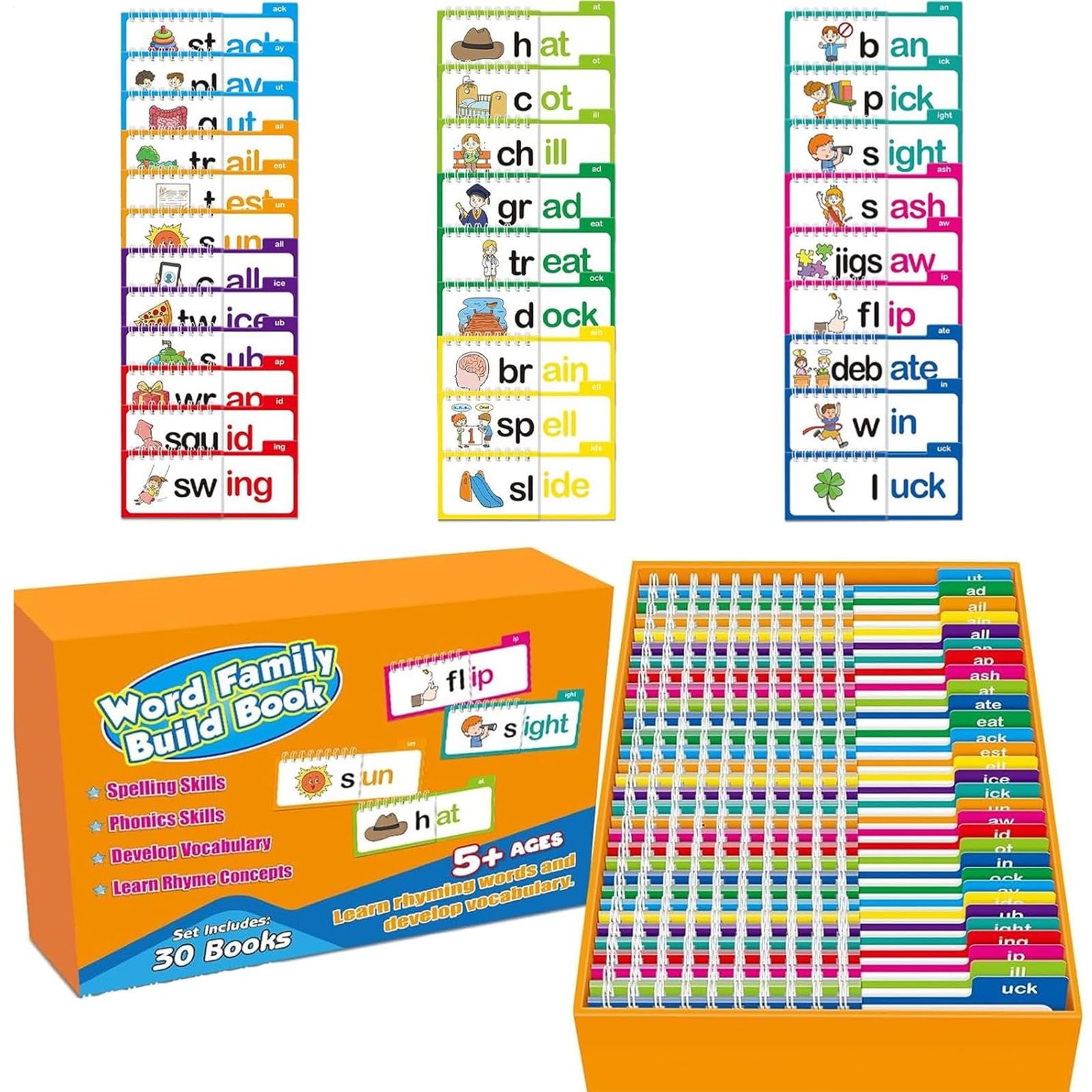 30 Lire ET Rhyme Books, Word Family Flash Cards, Mords Sight Words Kids Learning, Phonics & Rhyming Practice, Interactive Learning Experience, 24.80x16.8x5 cm pour Les garçons âgés de 4 à 8 Ans