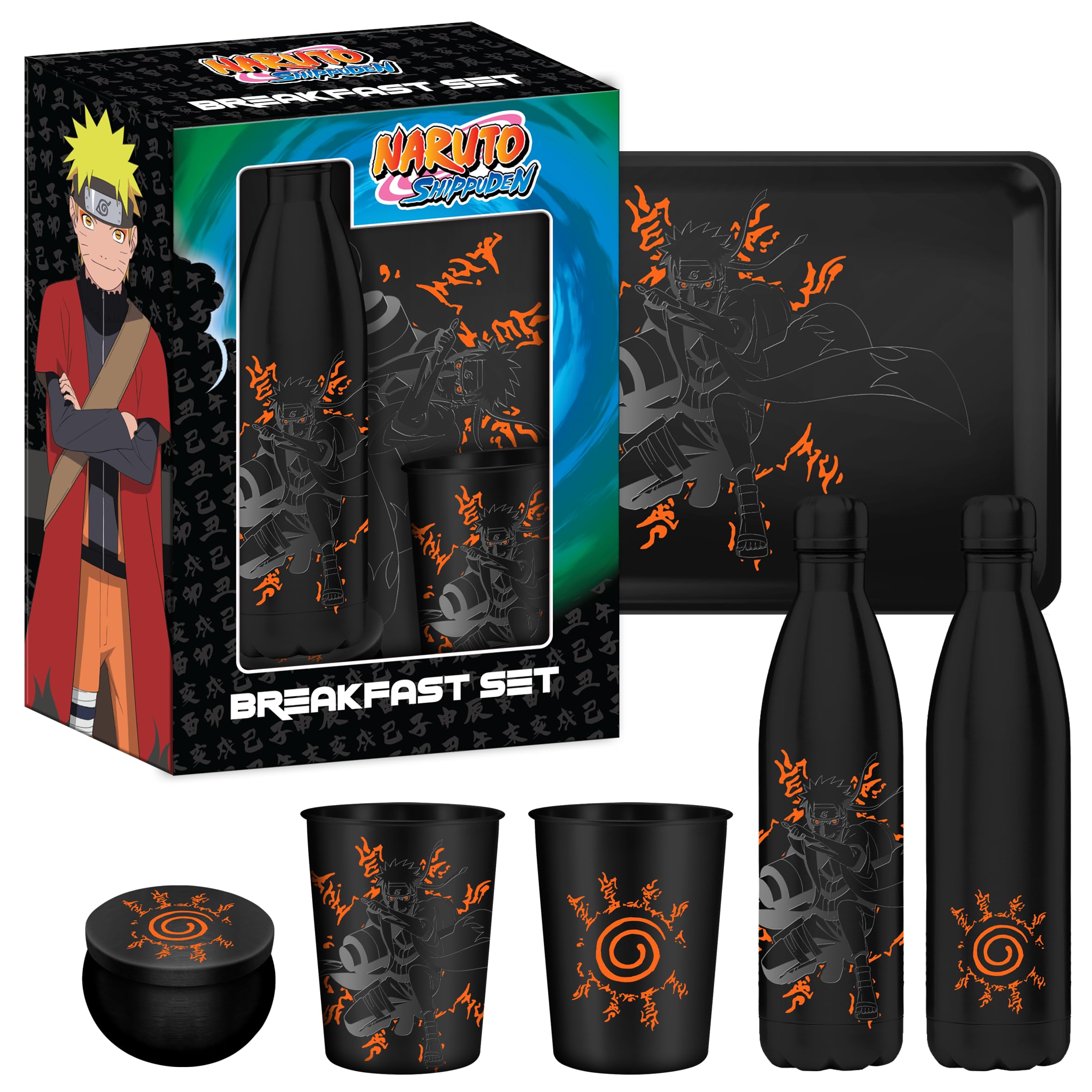 HÔMADICT CLD Distribution S.A. Naruto Shippûden - Coffret Cadeau (Sceau Kyubi): Bouteille d'eau en métal isotherme 500 ml, verre et dessous de verre