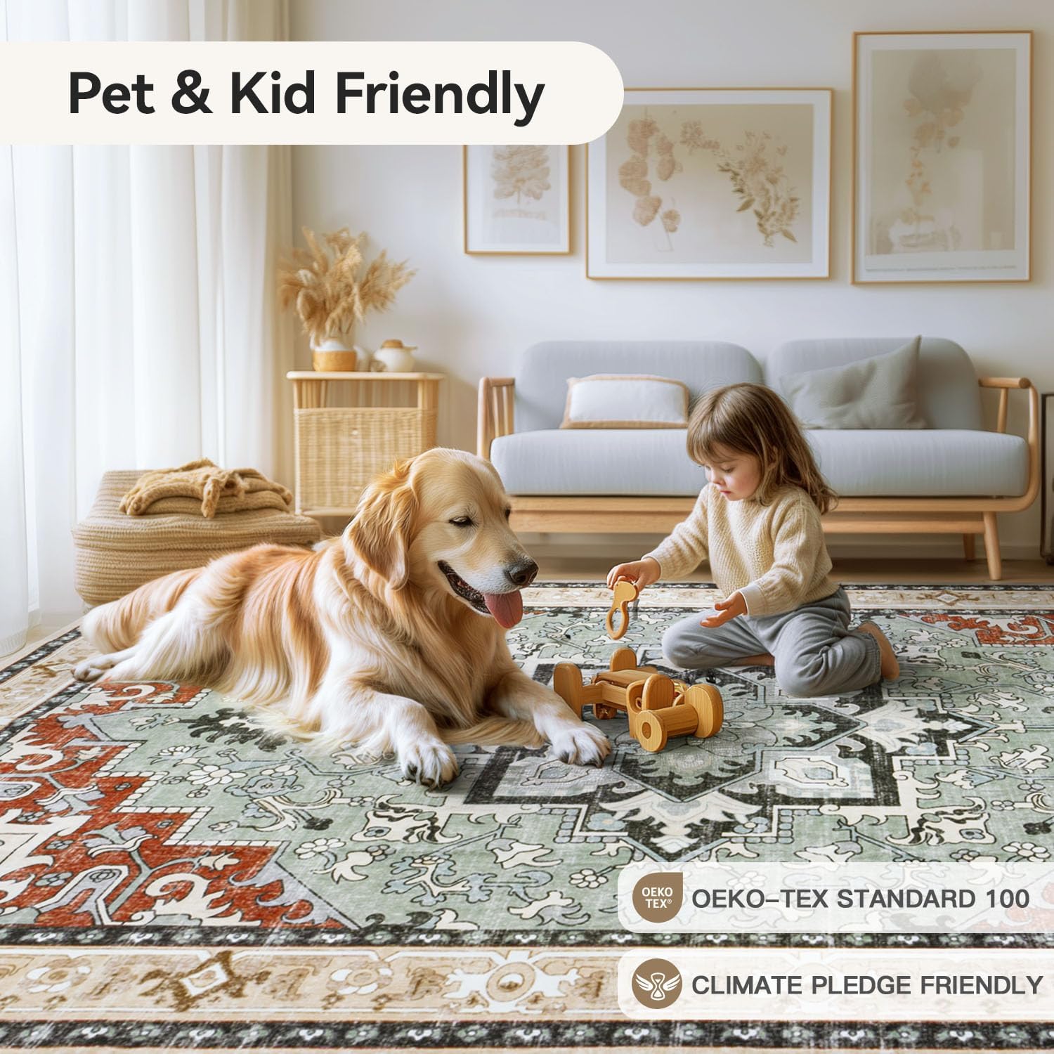 Lofus 5x7 Area Rugs for Living Room and Bedroom, Machine Washable Rug for Kitchen Office, Non Slip Low Pile Carpet for Kids and Pets, Vintage Boho Soft Carpets, Beige Orange