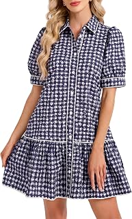 EZAPINE Gingham Babydoll Dress for Women Puff Sleeve Plaid Shirt Dresses | Cotton,Button Down,Collared,Summer Casual,Ruffle Hem,Shift,Vacation, Graduation,Daily,Picnic,Travel,Beach,Sundress