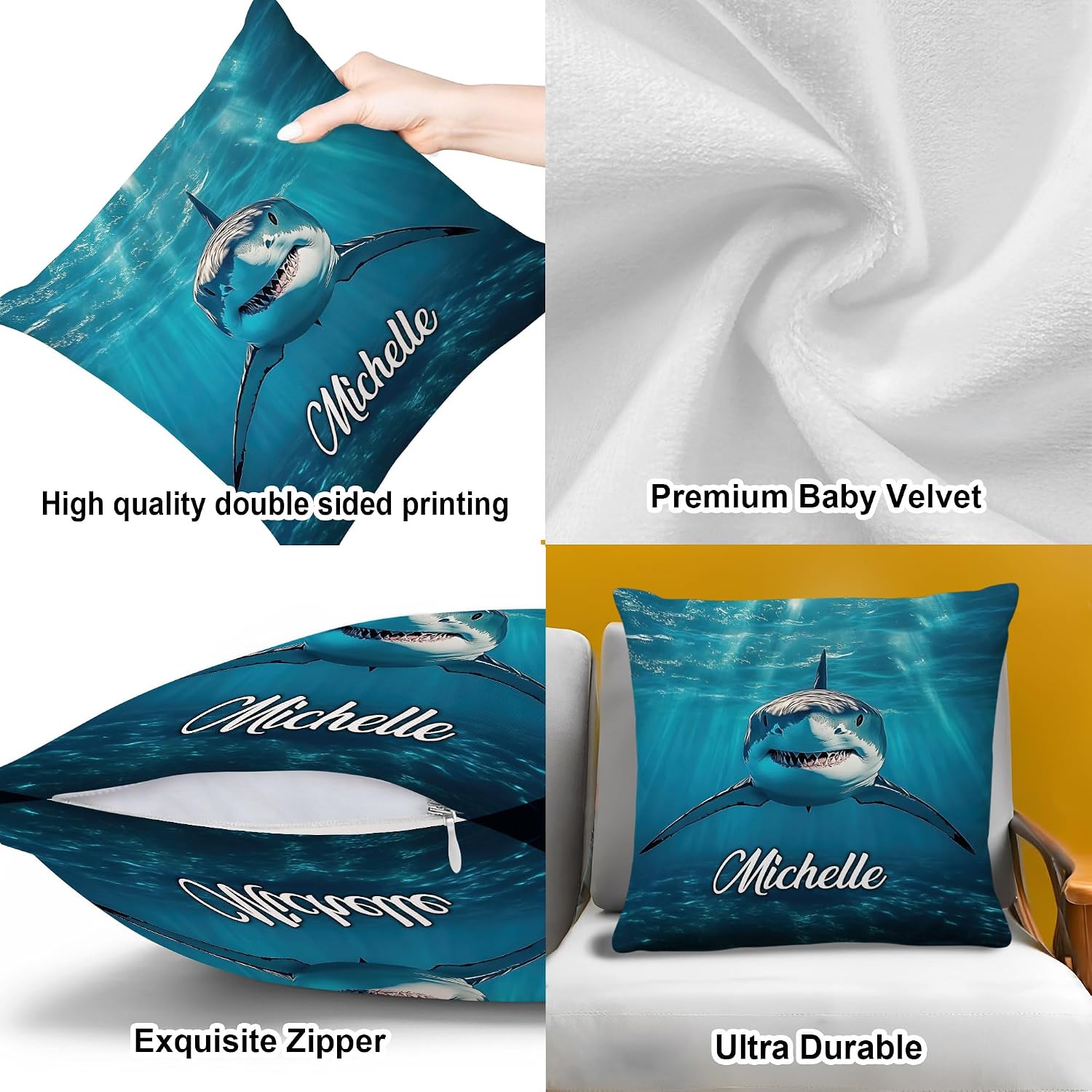 Hyturtle Personalized Shark Pillow with Insert - Shark Gifts for Women Men - Ocean Themed Gifts for Lovers Kids - Fish Decorative - Ocean Bedroom Decor - Custom Throw Pillow 18x18 Sofa Room Decor