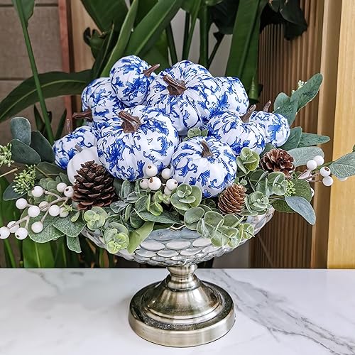 Vista 59 de Juego de 16 calabazas de terciopelo sintético surtidas, decorativas, color verde azulado, verde, gris, marfil, calabazas de espuma de tela