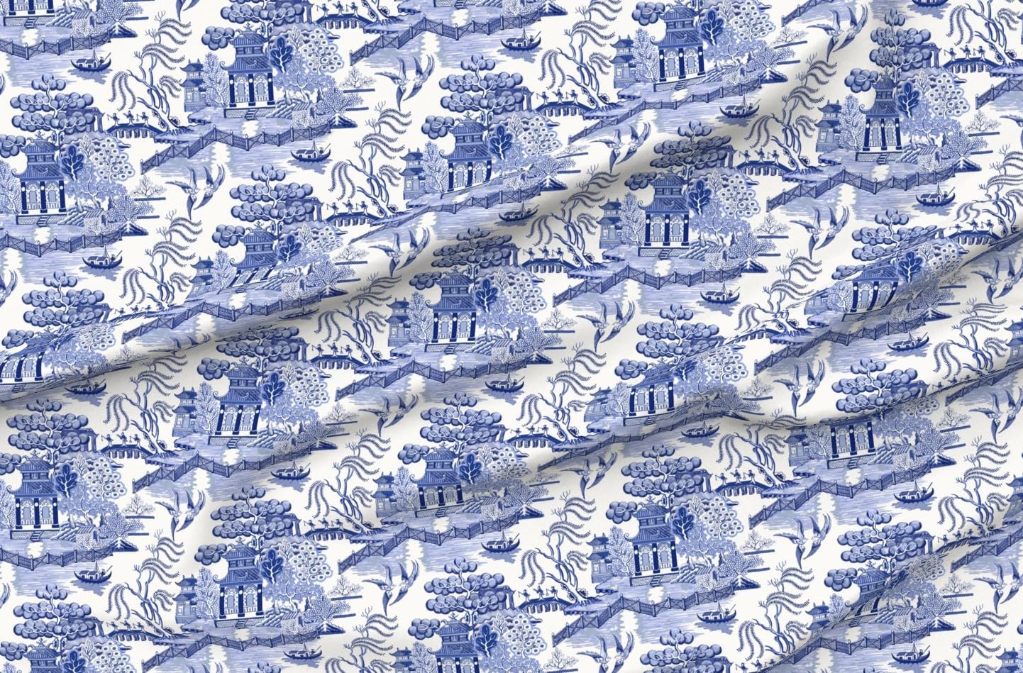 Spoonflower Fabric - Pagoda Chinoiserie Blue Toile Chinese Botanical Garden Willow Printed on Minky Fabric by The Yard - Sewing Baby Blankets Quilt Backing Plush